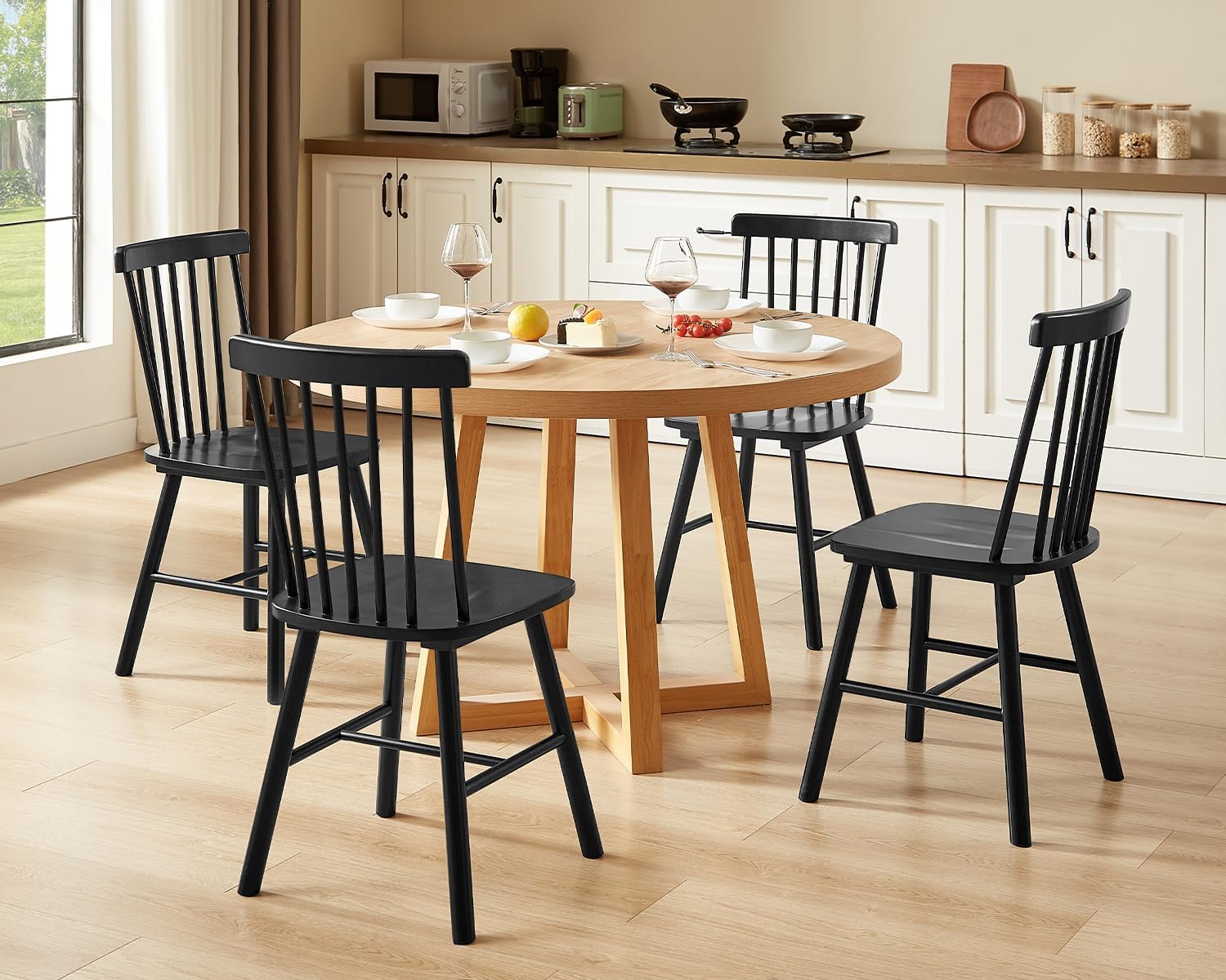 PrimeZone Windsor Dining Chairs Set of 2 - Solid Rubber Wood Farmhouse Kitchen Chair with Spindle Back, Mid-Century Modern Side Dining Chair for Dining Room, Kitchen & Restaurant, Black