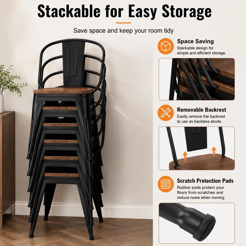 18 Inch Metal Dining Chairs,Arlunar Farmhouse Chairs Set of 4 Black Dining Room Chairs Stackable with Back and Wooden Seat bar stools