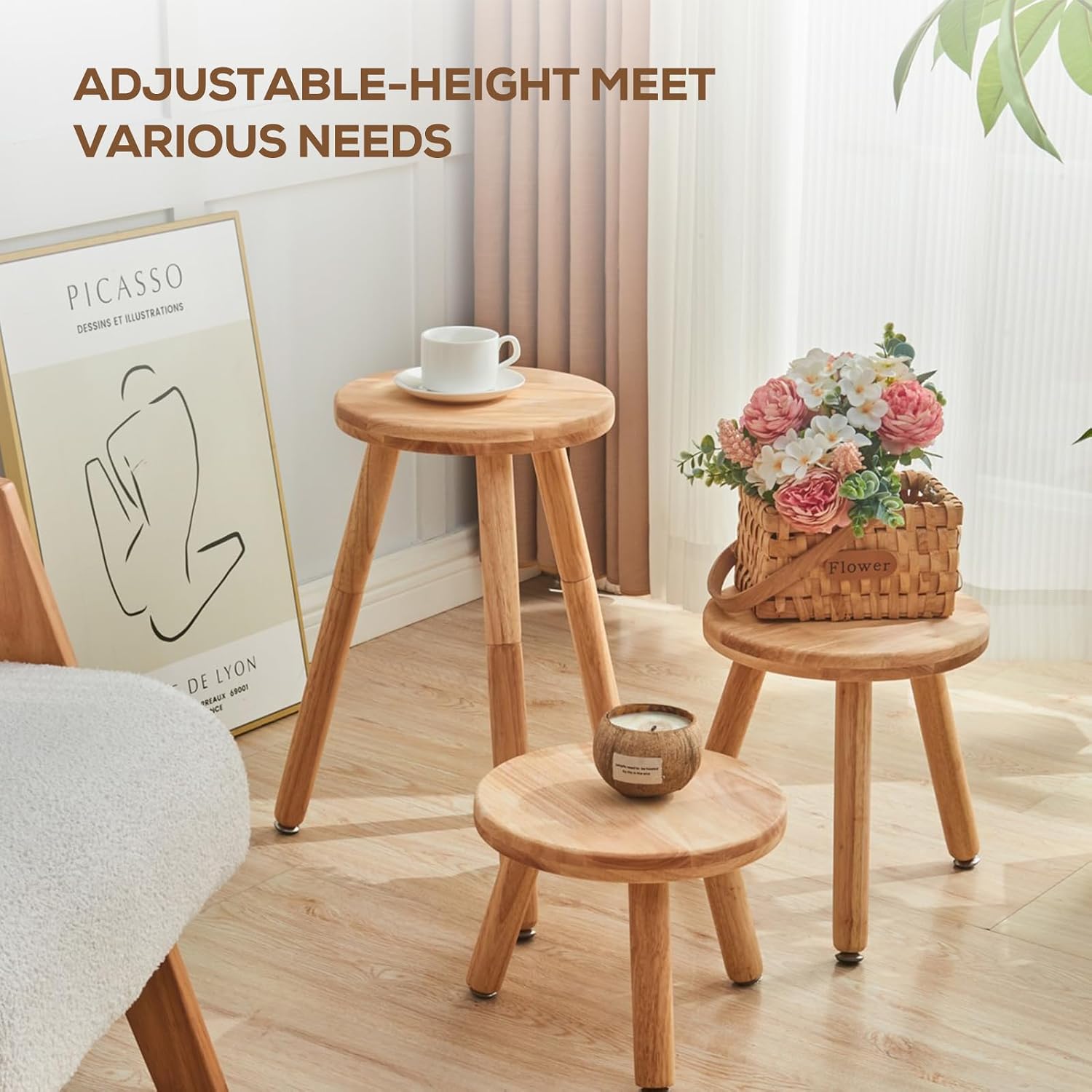 Small Round Side Table Adjustable Height Solid Wood Drink Table Indoor Tall Plant Stand Multi-Use Accent Stool-11‘’D × 20“H (Wood)