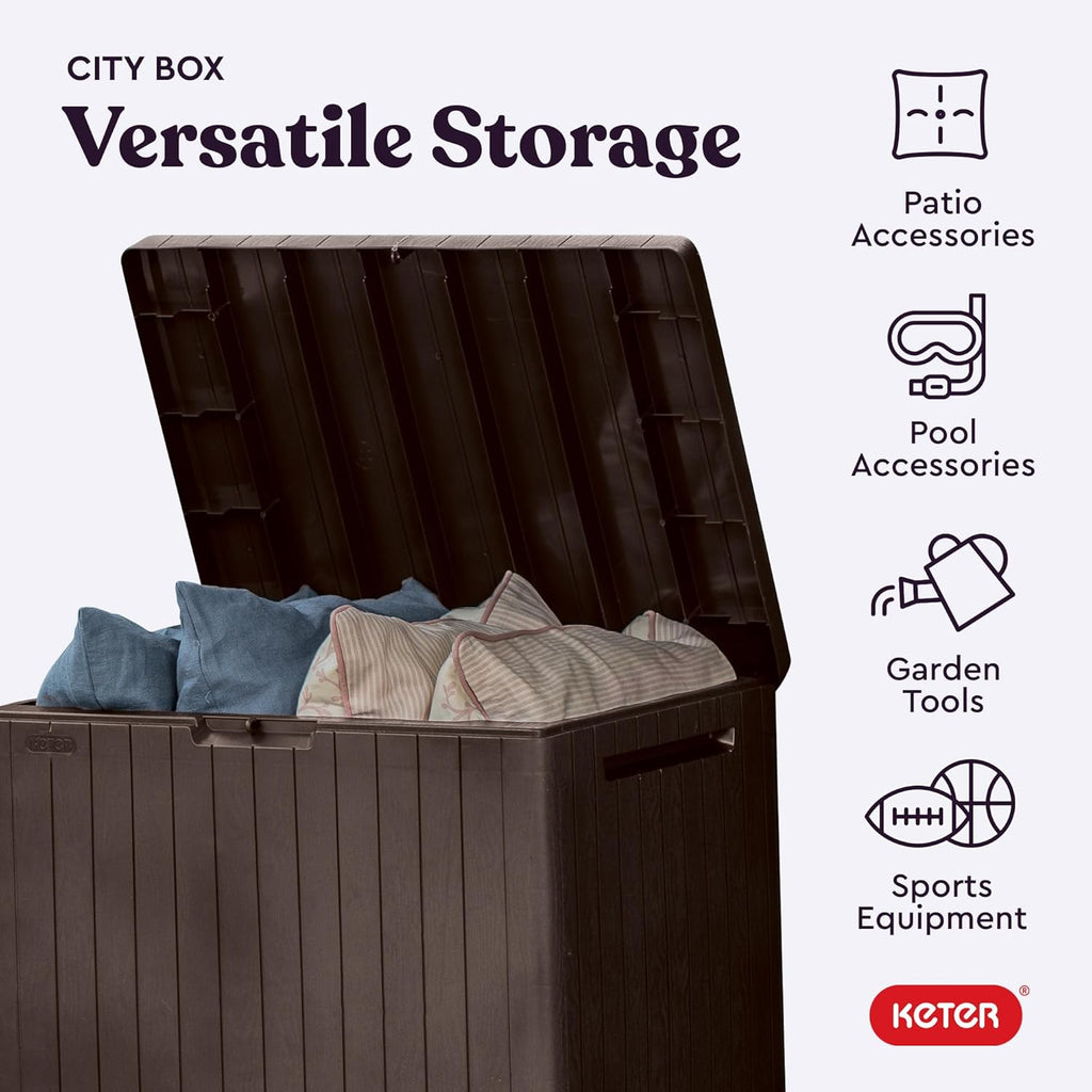 Keter City 30 Gallon Resin Outdoor Storage Box and Patio Furniture Side Table for Pool and Garden Accessories, Brown