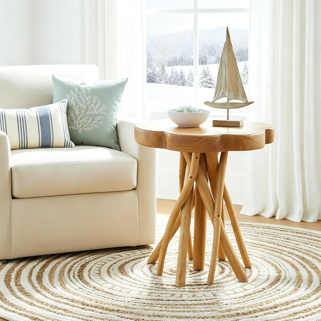 WELLAND Solid Teak Live Edge End Table, 18" L x 18" W x 20" H Unique Side Table, Small Accent Table, Plant Stand for Living Room, Bedroom, Home Office