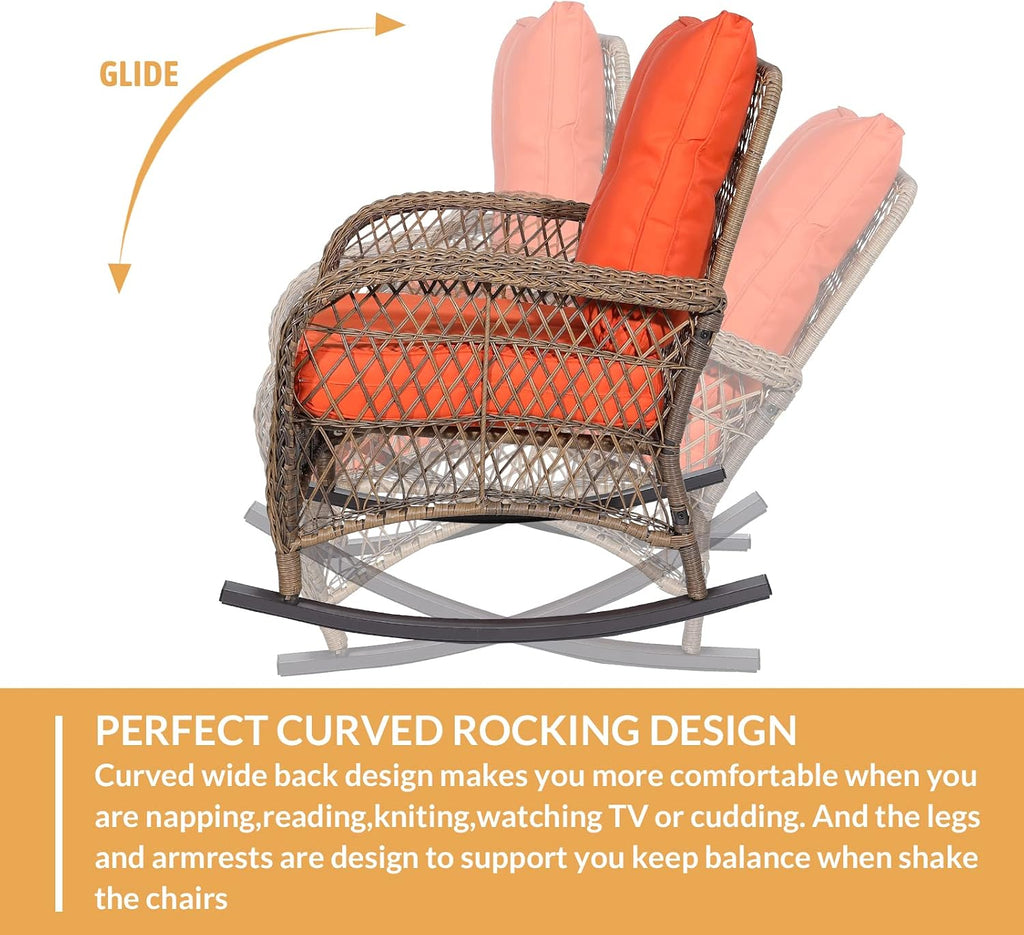 Outdoor Wicker Oversized Rocking Chair, All Weather- Resistant Patio Rocking Chair for Garden Lawn, Patio Wicker Furniture Seat with 4” Thick Cushion, Orange