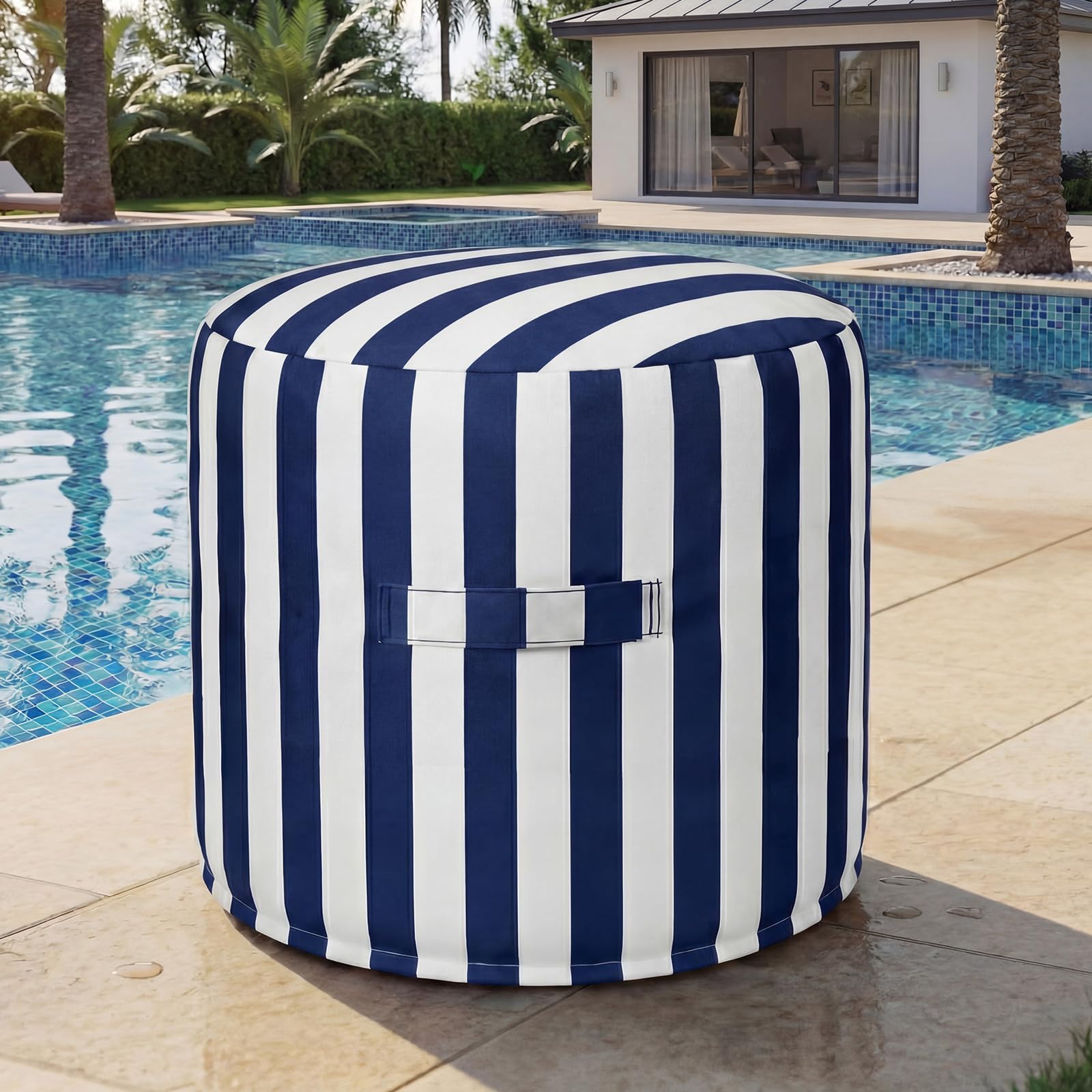 Black White Striped Round Patio Pouf Colorfast Fabric Footstool with Handle