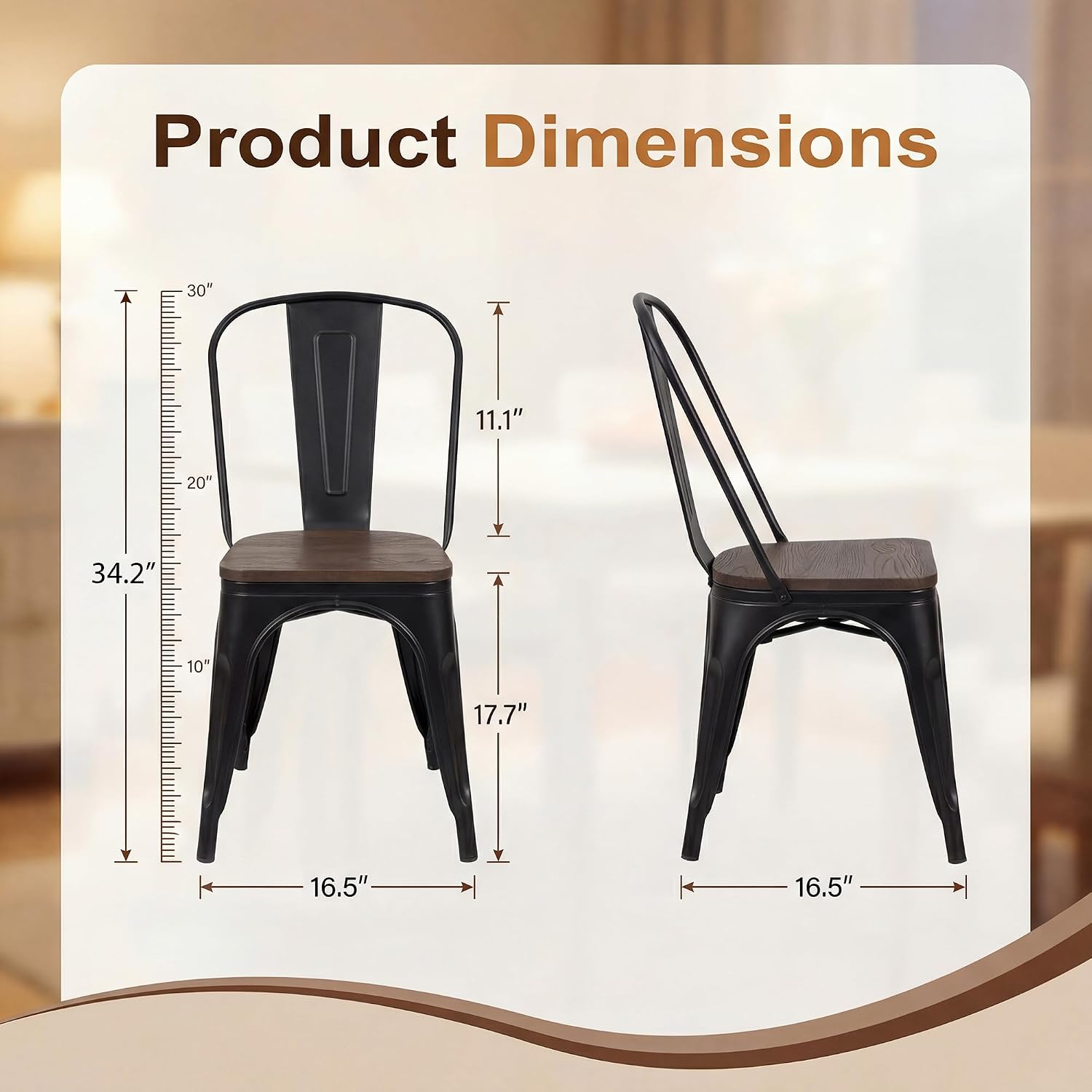 JUMMICO Metal Dining Chair Stackable Industrial Vintage Kitchen Chairs Indoor-Outdoor Bistro Cafe Side Chairs with Back and Wooden Seat Set of 4 (Black)