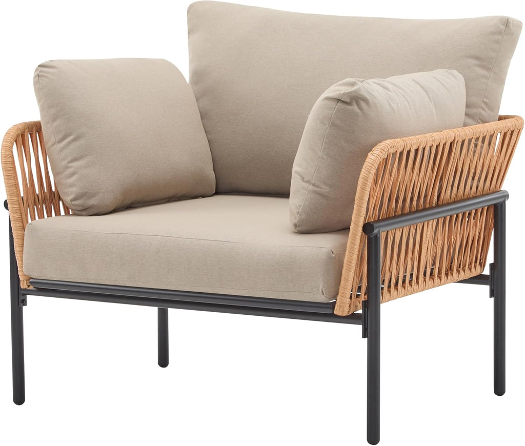 Plush Cushioned Refined Elegance Single Sofa, Comfort Single Sofa Chair with Iron Frame, Refined Upholstered Couch Chair for Indoor Outdoor Relaxation, Beige+Natural