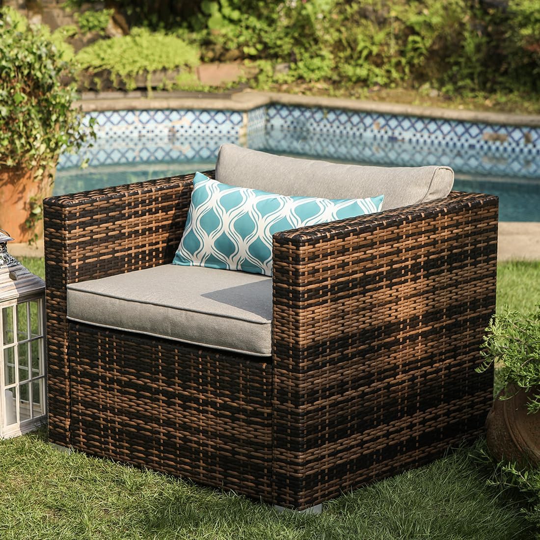 COSIEST All-Weather Patio Chair, Single Brown Wicker Chair with Thick Gray Cushions & Teal Pillow, Outdoor Rocking Chair for Porch, Garden, Poolside