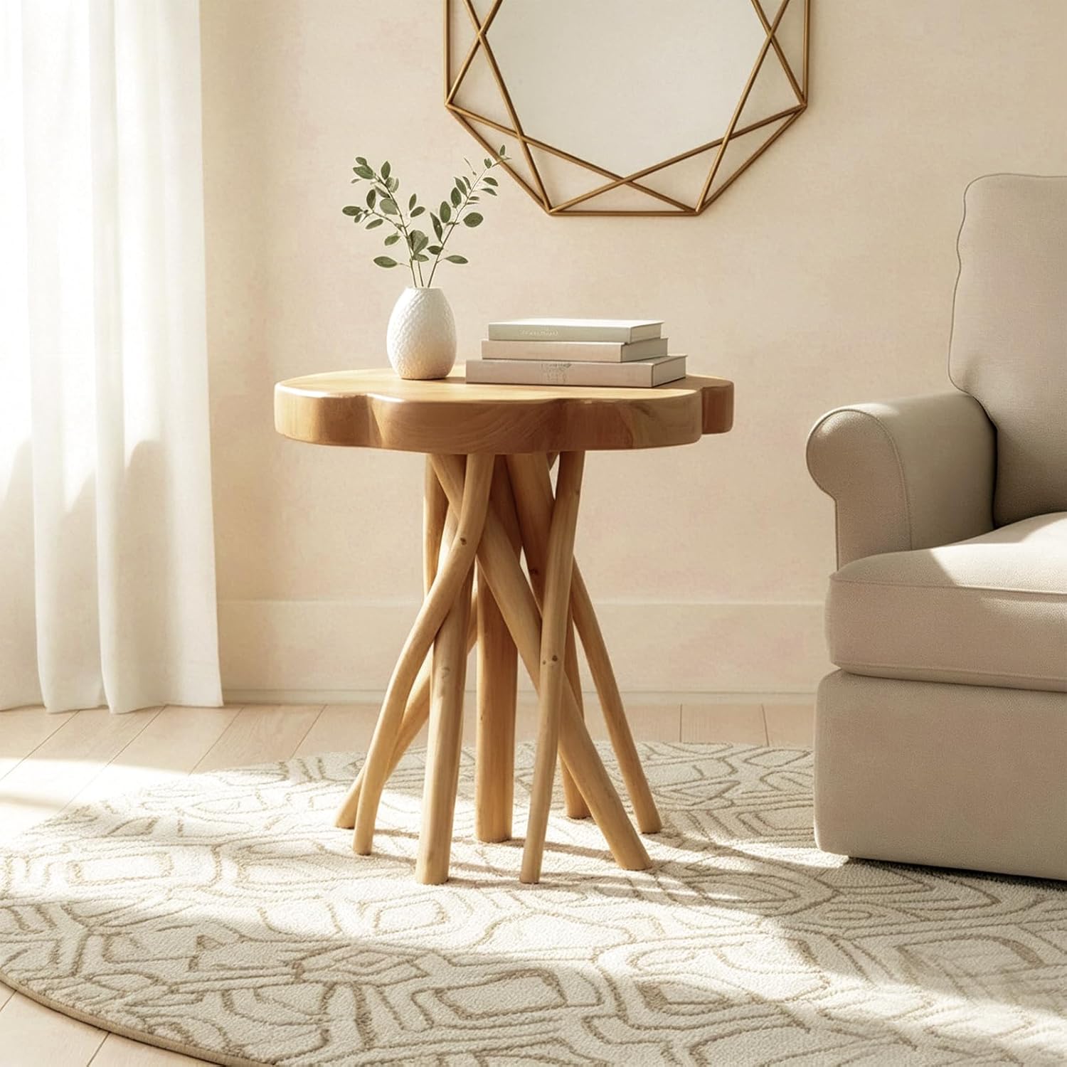 WELLAND Solid Teak Live Edge End Table, 18" L x 18" W x 20" H Unique Side Table, Small Accent Table, Plant Stand for Living Room, Bedroom, Home Office