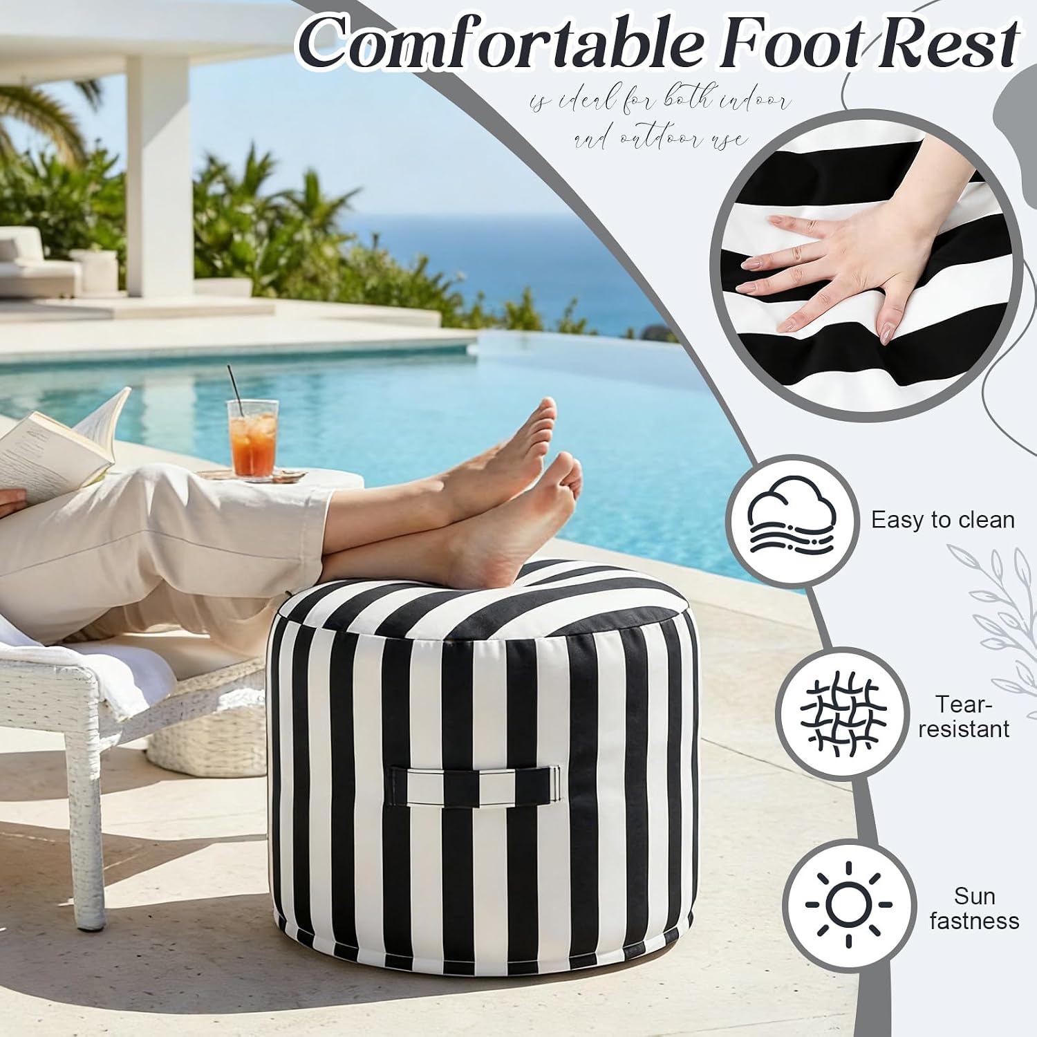 Black White Striped Round Patio Pouf Colorfast Fabric Footstool with Handle
