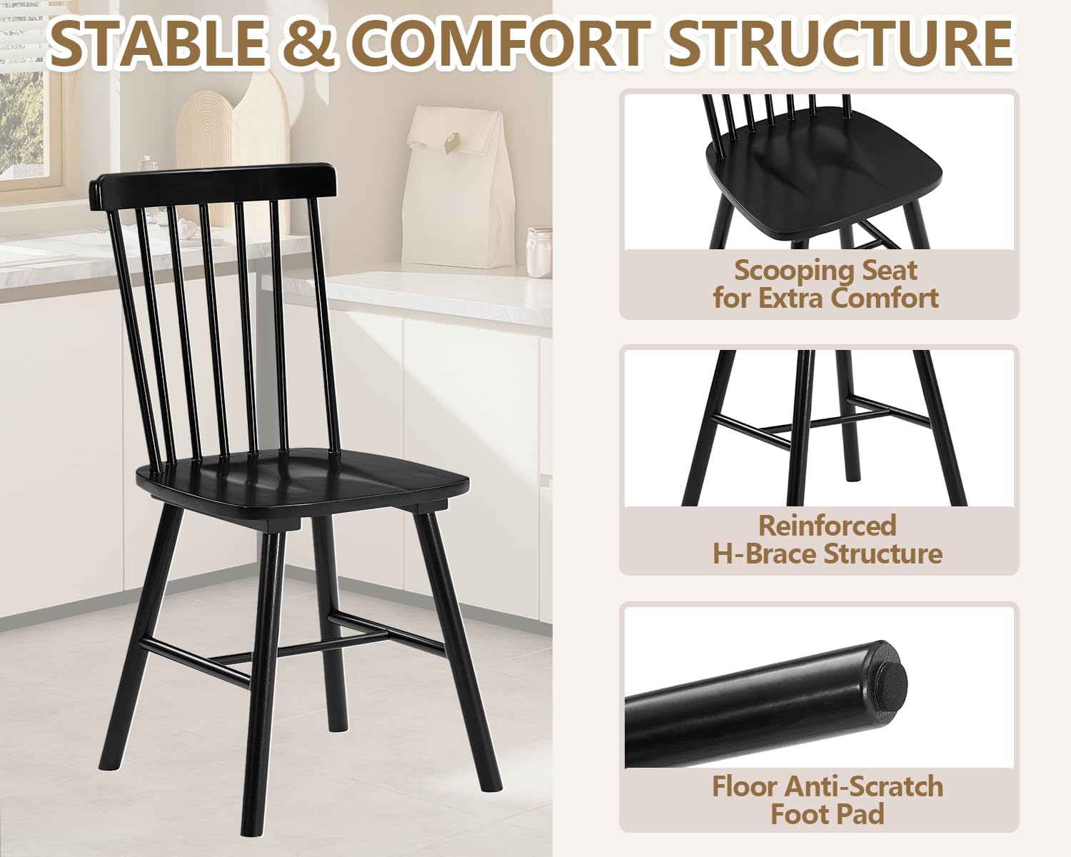 PrimeZone Windsor Dining Chairs Set of 2 - Solid Rubber Wood Farmhouse Kitchen Chair with Spindle Back, Mid-Century Modern Side Dining Chair for Dining Room, Kitchen & Restaurant, Black
