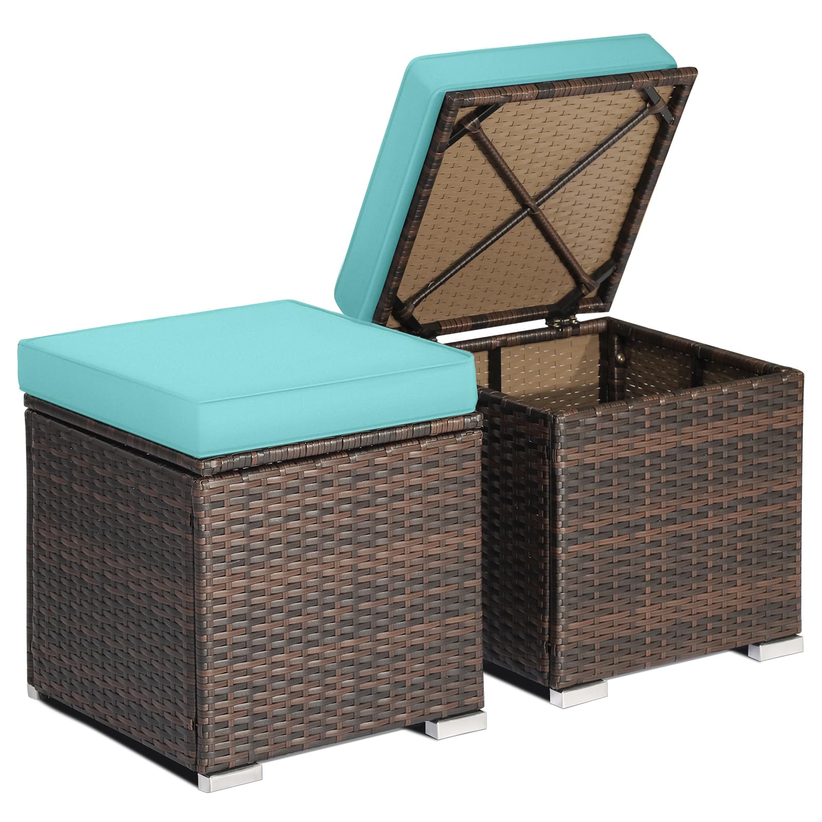 RELAX4LIFE Wicker Outdoor Storage Ottoman, 2-Piece Rattan Footstool w/Removable Cushion, Multipurpose Footrest Stool Side Table Additional Seating, Set of 2 Outdoor Ottomans for Patio Deck (Beige)