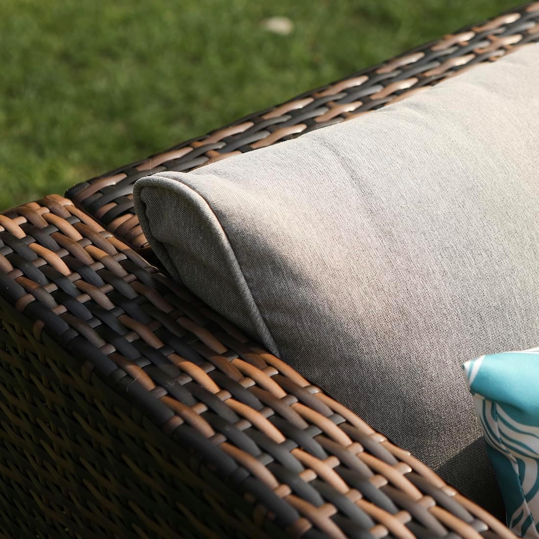 COSIEST All-Weather Patio Chair, Single Brown Wicker Chair with Thick Gray Cushions & Teal Pillow, Outdoor Rocking Chair for Porch, Garden, Poolside
