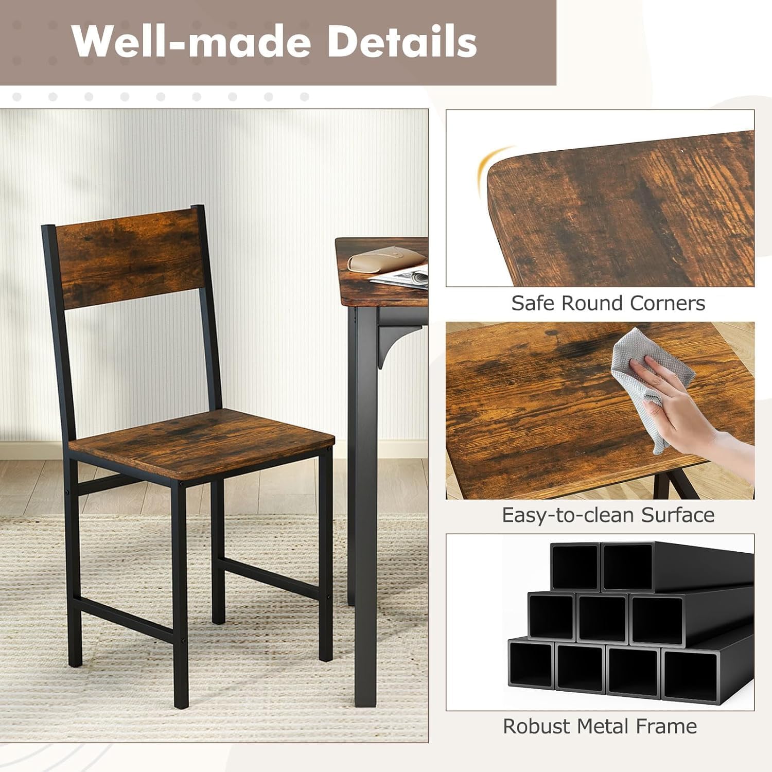 Set of 4 Rustic Farmhouse Dining Chairs, Wood Metal Armless Side Chairs for Kitchen