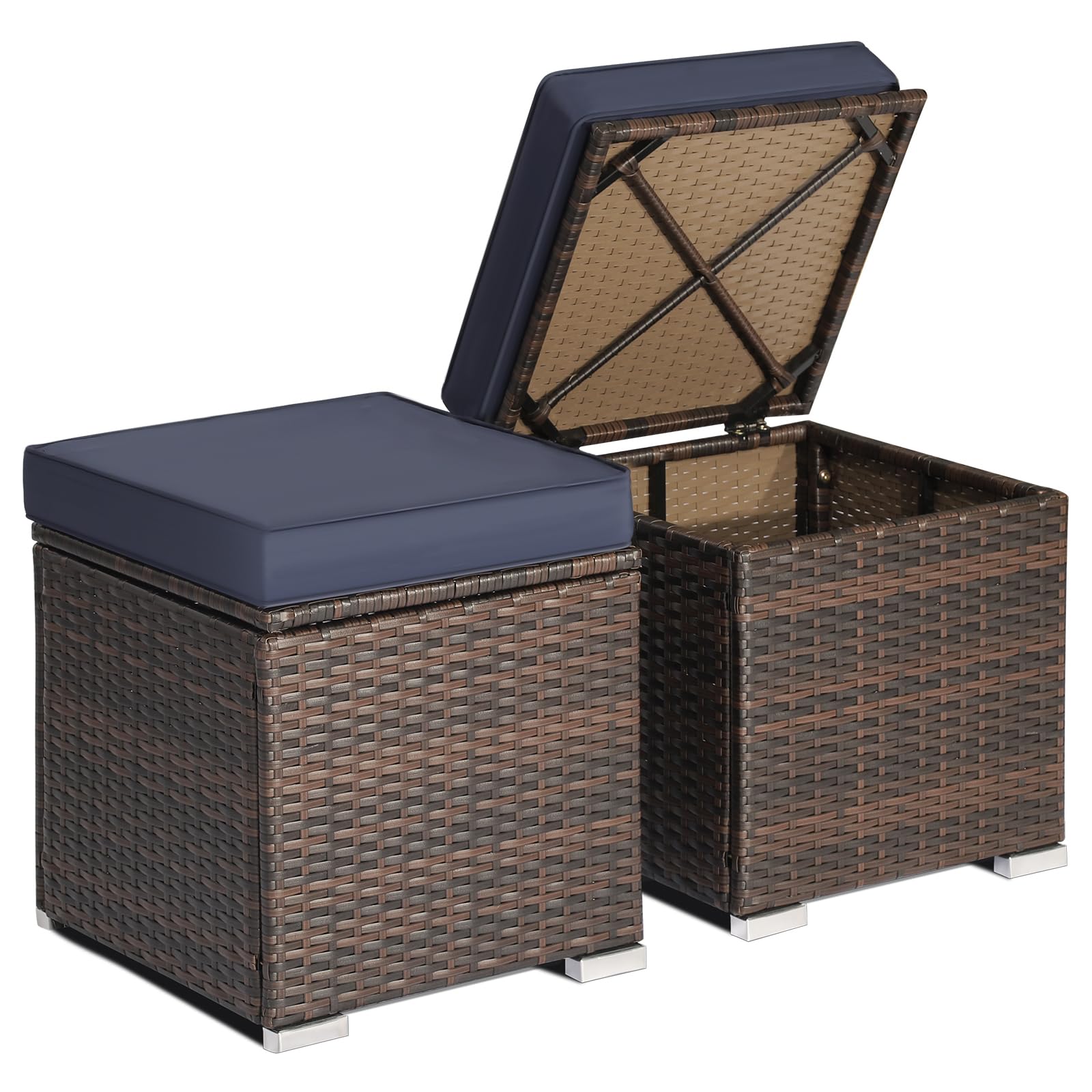 RELAX4LIFE Wicker Outdoor Storage Ottoman, 2-Piece Rattan Footstool w/Removable Cushion, Multipurpose Footrest Stool Side Table Additional Seating, Set of 2 Outdoor Ottomans for Patio Deck (Beige)
