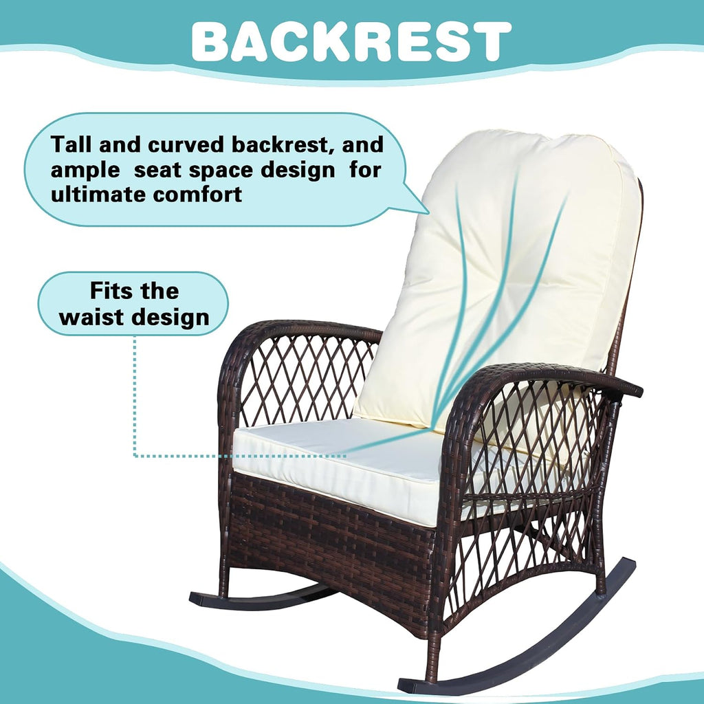 Wicker Rocking Chairs for Outdoors, Oversized Rattan Porch Rocker Chair with Padded Seat & Back Cushions,Patio Chairs Rocking Chairs for Balcony,Porch,Backyard,Deck (Brown+Cream)