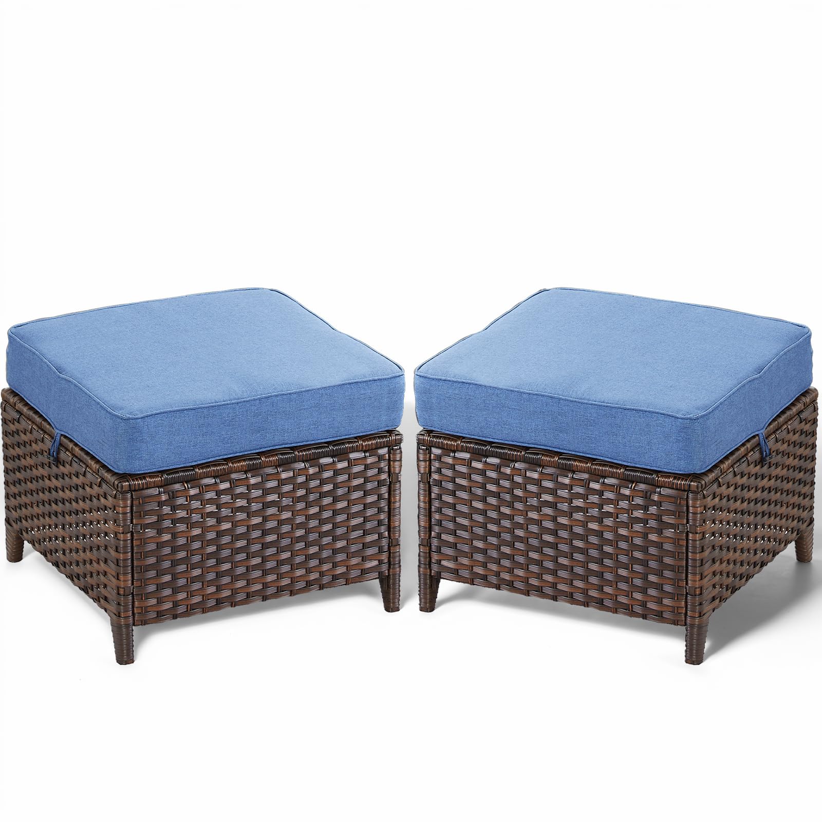 Patio Ottoman Outdoor Wicker Side Table - 2PCS Multipurpose Heavy Duty All-Weather Brown Rattan Extra Seating Bench Footrest Footstool for Garden Back Porch Poolside Apartment - Beige