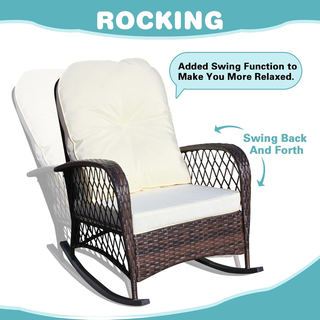 Wicker Rocking Chairs for Outdoors, Oversized Rattan Porch Rocker Chair with Padded Seat & Back Cushions,Patio Chairs Rocking Chairs for Balcony,Porch,Backyard,Deck (Brown+Cream)