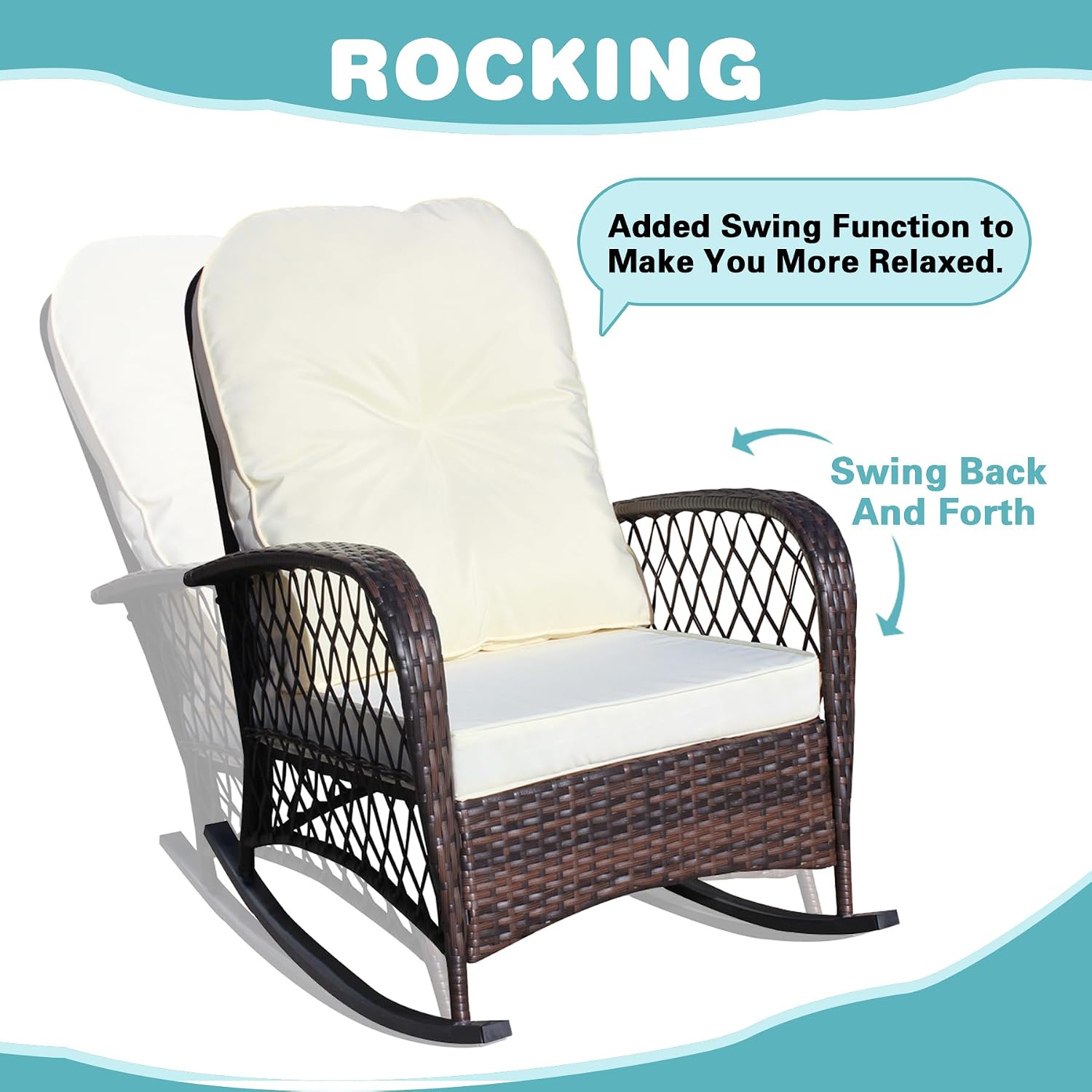 Wicker Rocking Chairs for Outdoors, Oversized Rattan Porch Rocker Chair with Padded Seat & Back Cushions,Patio Chairs Rocking Chairs for Balcony,Porch,Backyard,Deck (Brown+Cream)