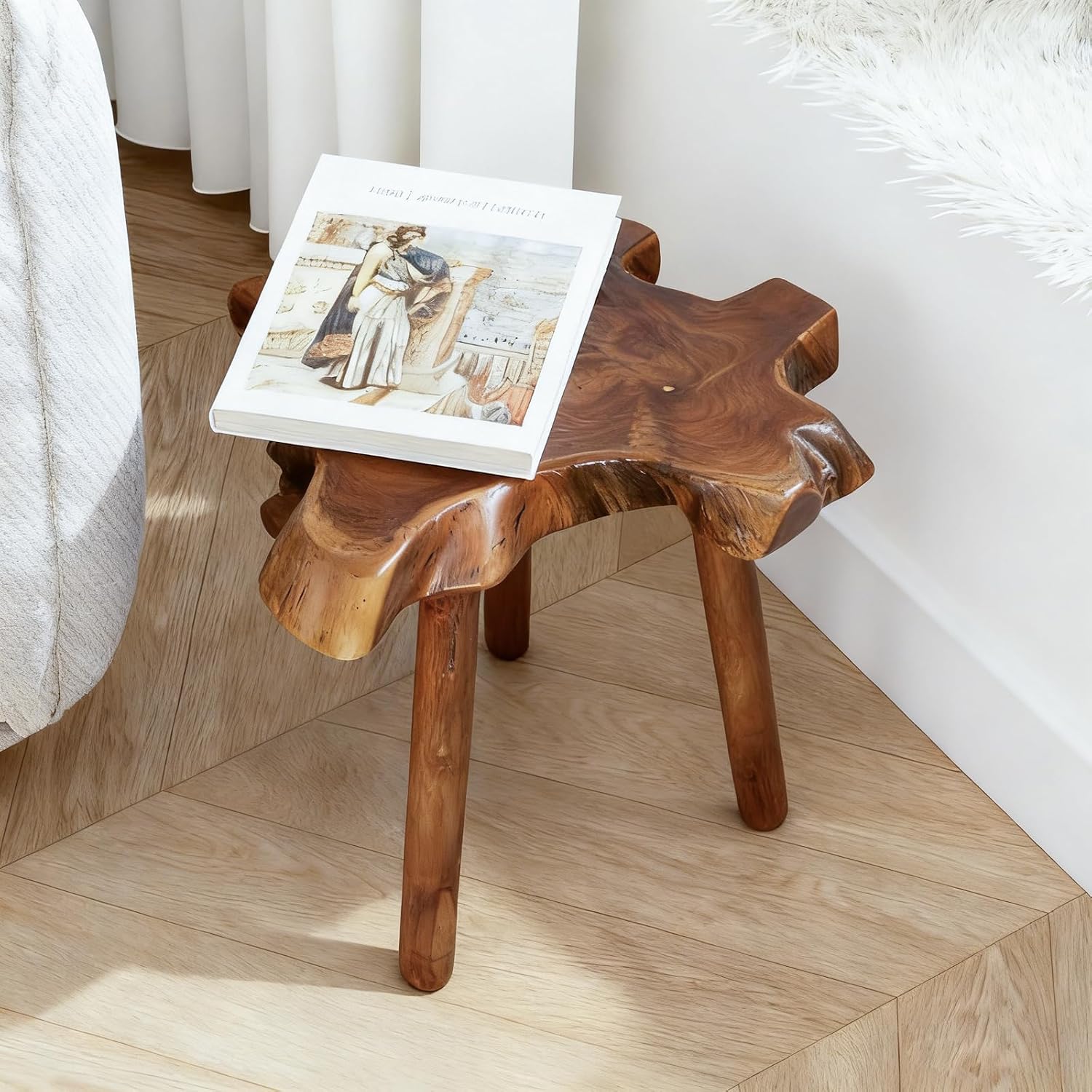 Teak Side Table, Live Edge End Table, Solid Wood Side Table for Living Room, Bedroom, Patio, Plant Stand, Tree Stump Style Natural Wood Accent Table