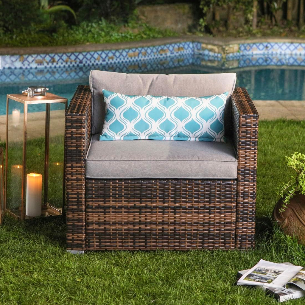 COSIEST All-Weather Patio Chair, Single Brown Wicker Chair with Thick Gray Cushions & Teal Pillow, Outdoor Rocking Chair for Porch, Garden, Poolside