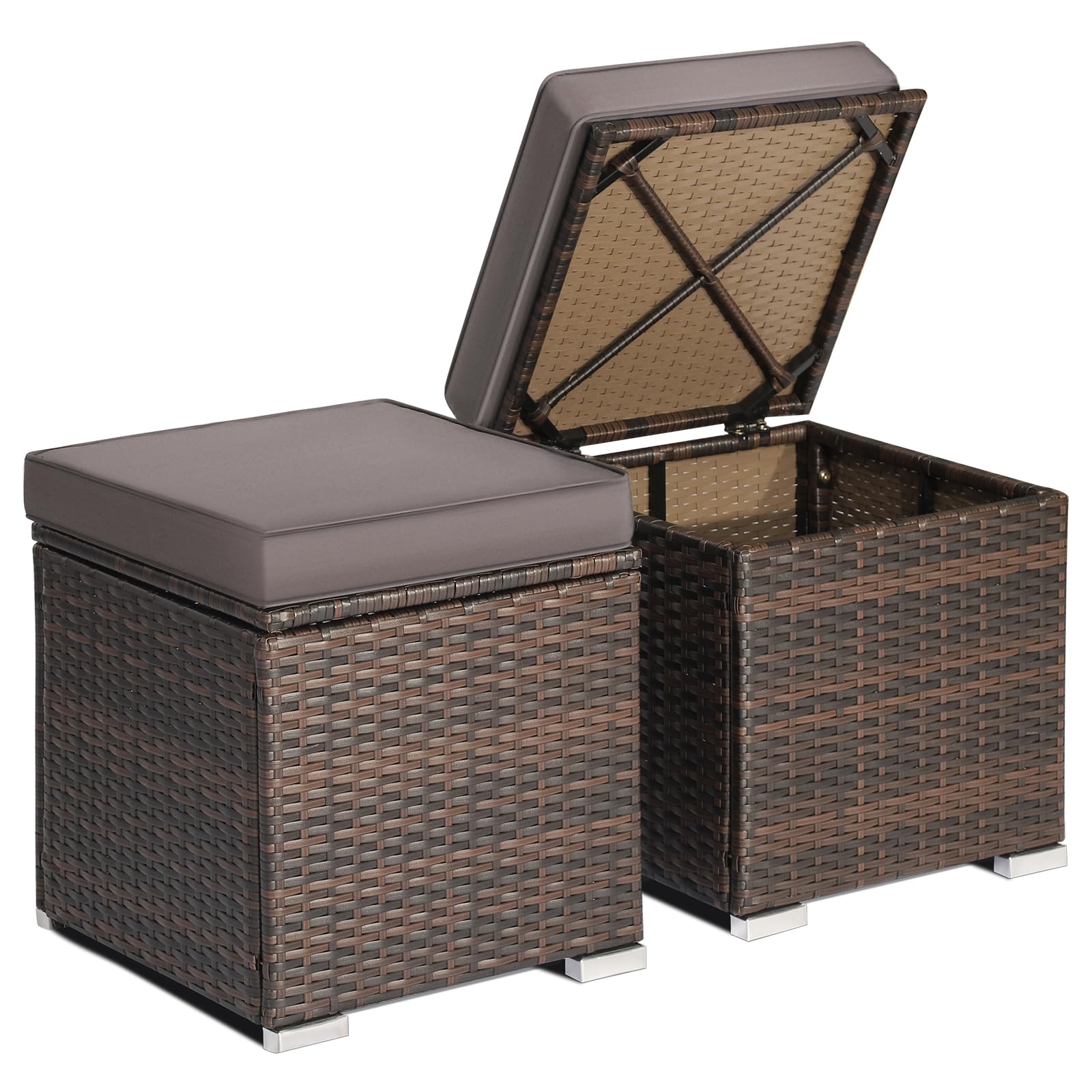 RELAX4LIFE Wicker Outdoor Storage Ottoman, 2-Piece Rattan Footstool w/Removable Cushion, Multipurpose Footrest Stool Side Table Additional Seating, Set of 2 Outdoor Ottomans for Patio Deck (Beige)