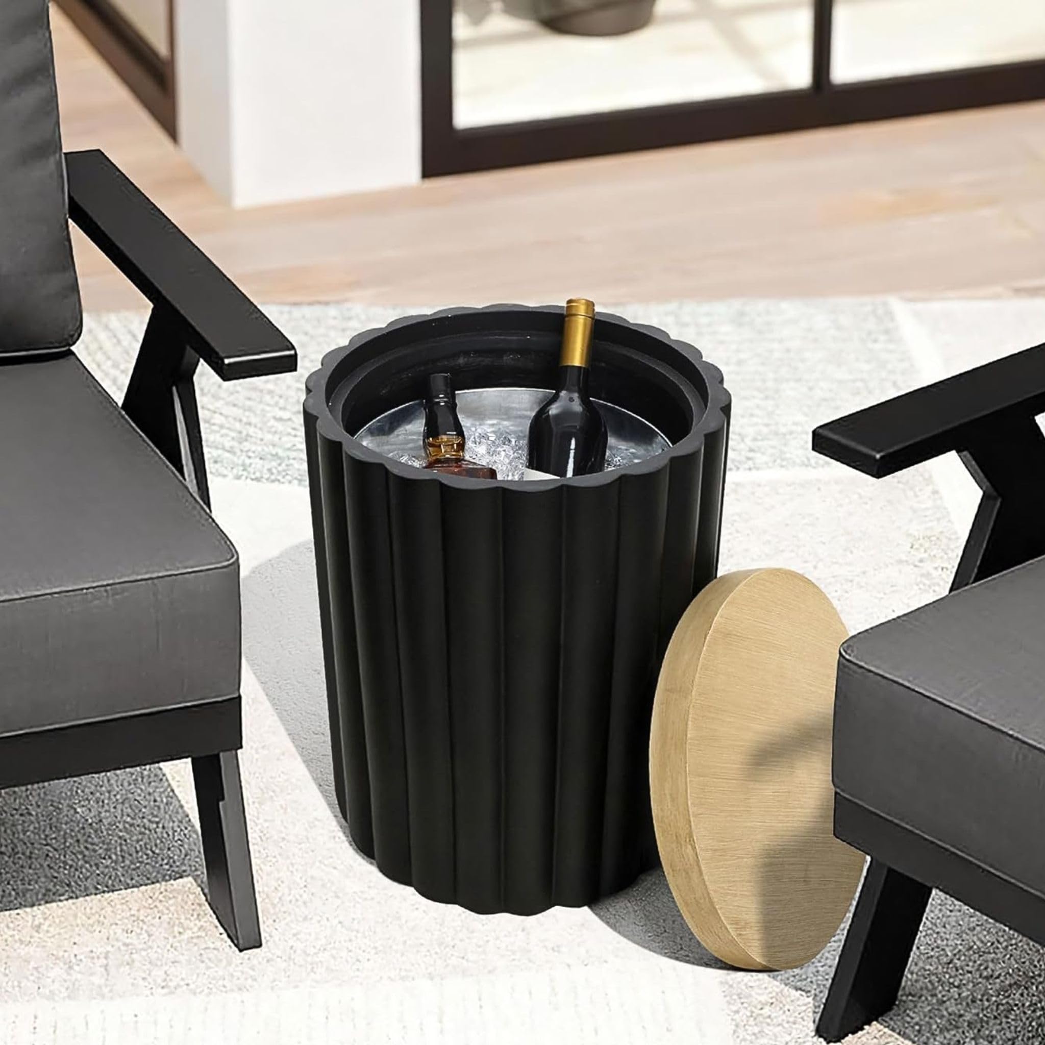 LuxenHome 18" Outdoor Side Table with Storage, Cement Patio End Table with Wood Finish Lid, Accent Table for Patio, Porch, Poolside, Backyard, Outside, Indoor, Garden Stool, Drum, Plant Stand