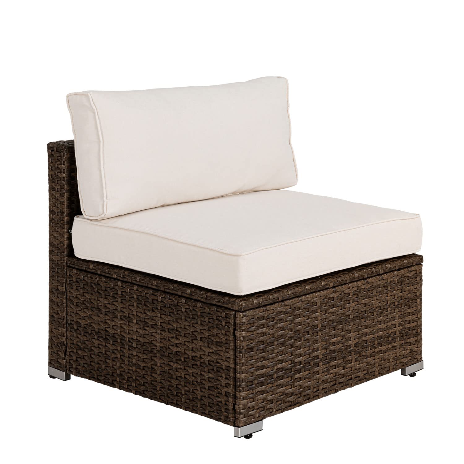 COSIEST All-Weather Patio Chair, Single Brown Wicker Chair with Thick Gray Cushions & Teal Pillow, Outdoor Rocking Chair for Porch, Garden, Poolside