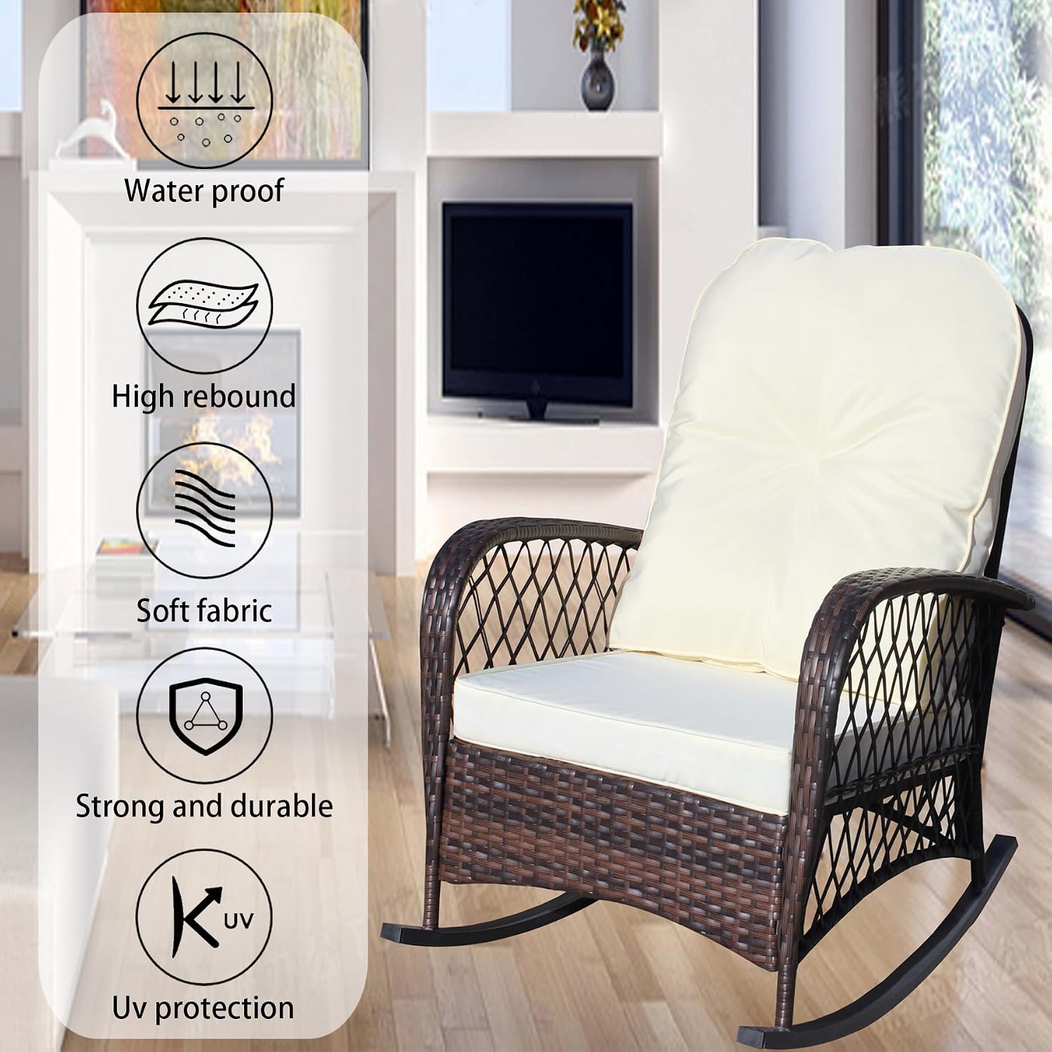 Wicker Rocking Chairs for Outdoors, Oversized Rattan Porch Rocker Chair with Padded Seat & Back Cushions,Patio Chairs Rocking Chairs for Balcony,Porch,Backyard,Deck (Brown+Cream)