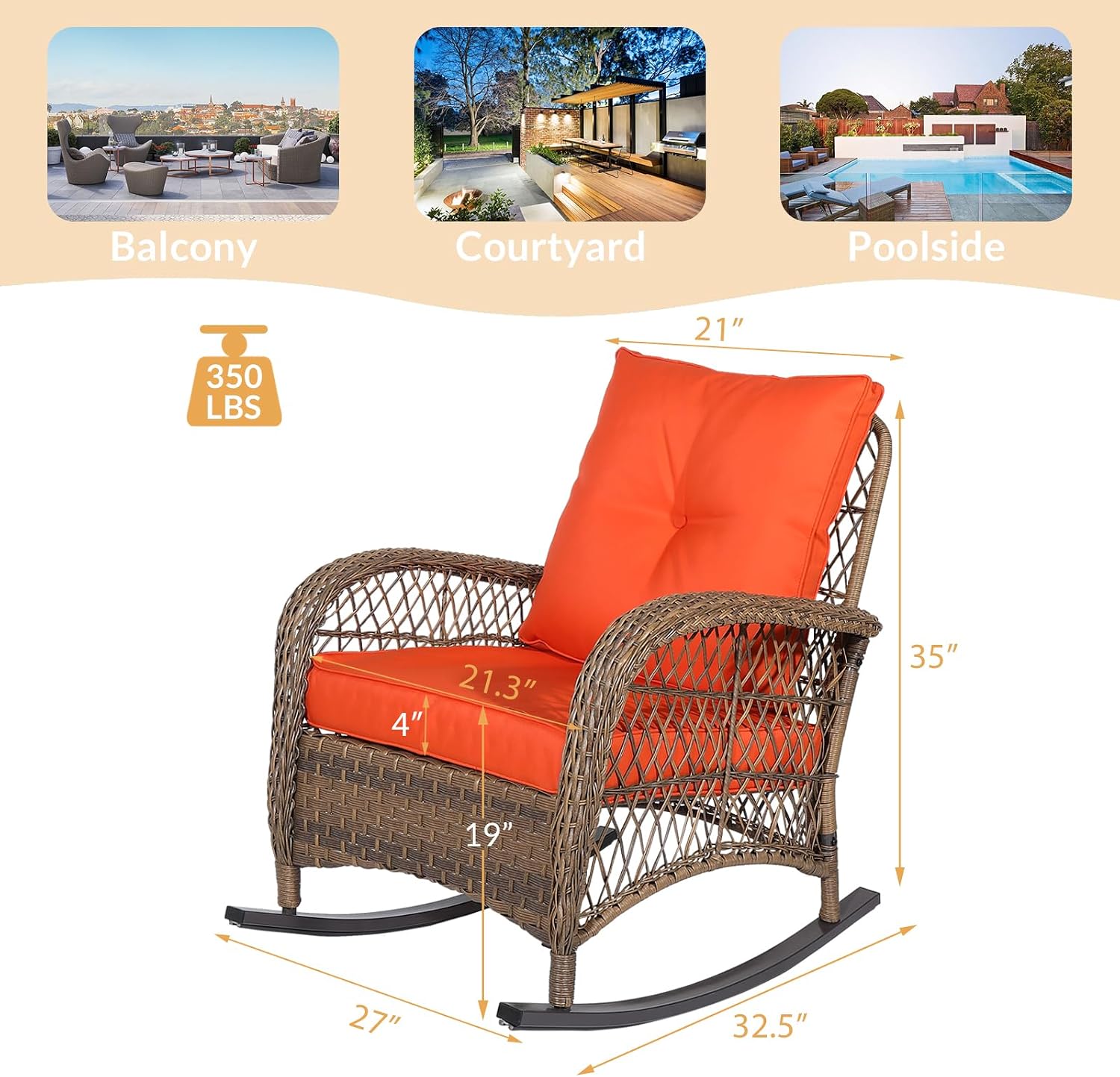 Outdoor Wicker Oversized Rocking Chair, All Weather- Resistant Patio Rocking Chair for Garden Lawn, Patio Wicker Furniture Seat with 4” Thick Cushion, Orange