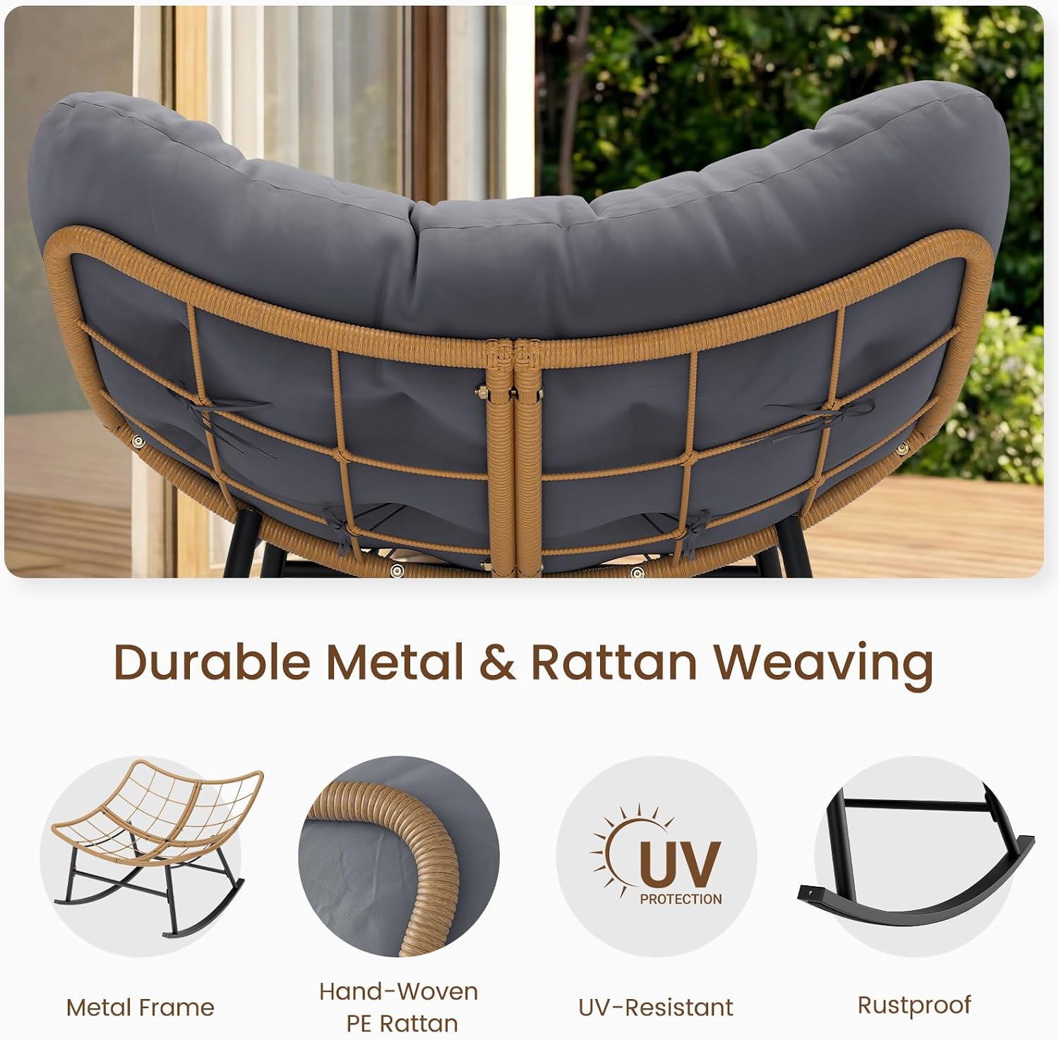 Sikaic Outdoor Papasan Rocking Chair, 450LBS Heavy Duty Egg Rocker with High Back Water Resistant Cushion, Rustproof & UV Resistant PE Wicker Patio Chair for Porch, Garden, Living Room, Grey