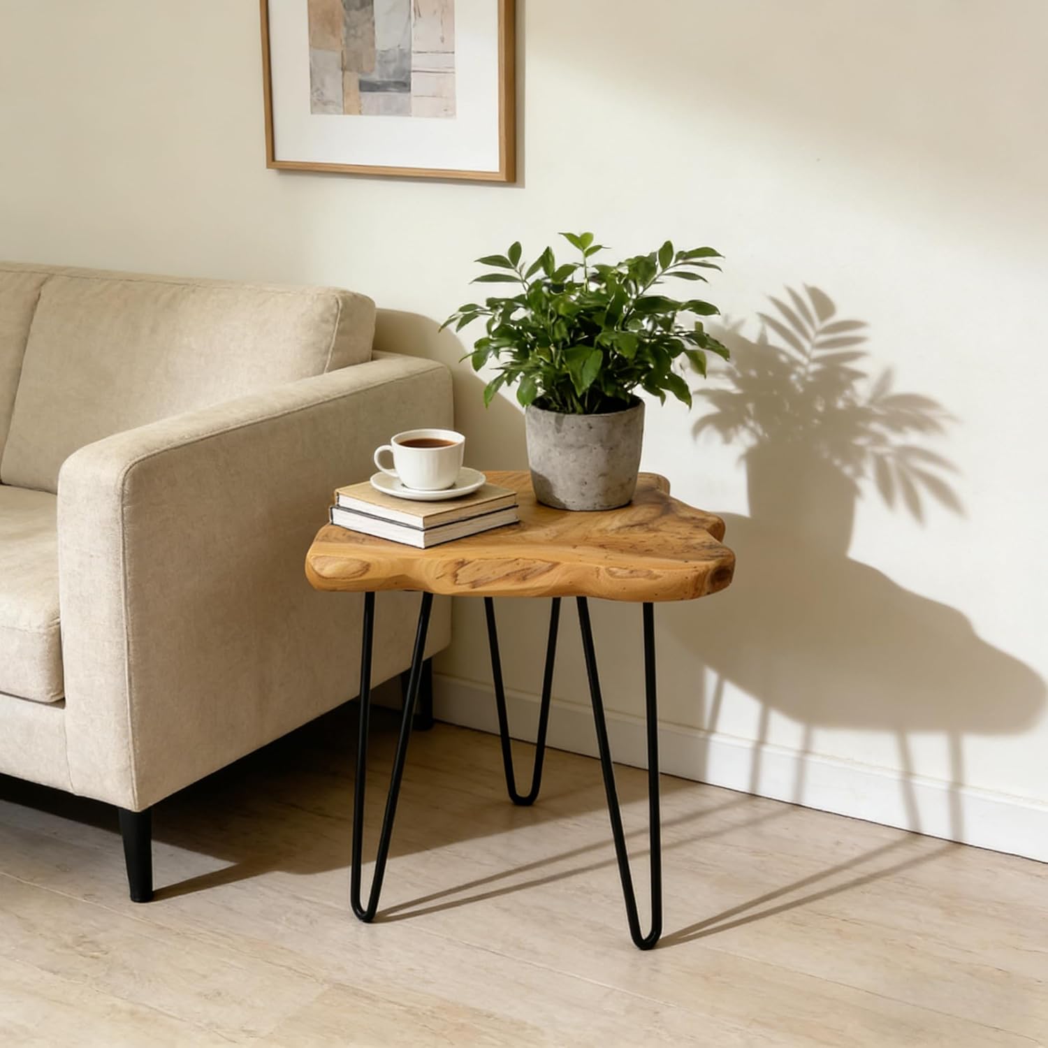 Rustic Solid Wood Live Edge Style End Table, Natural Wood Side Table with Hairpin Legs, Small Irregular Side Table for Living Room, Bedroom, Farmhouse Decor, 16" L x 12" W x 17" H