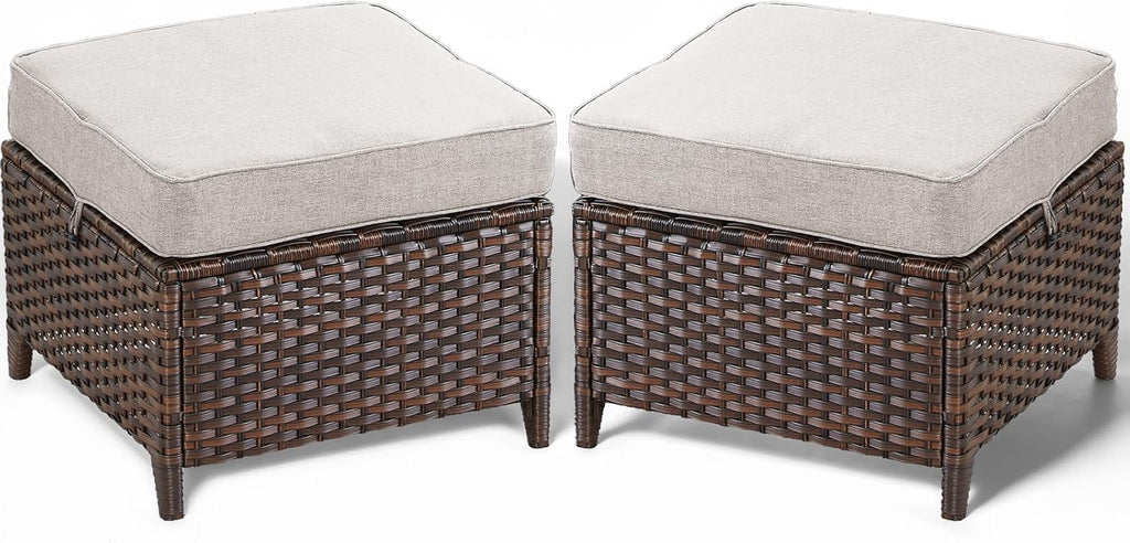 Patio Ottoman Outdoor Wicker Side Table - 2PCS Multipurpose Heavy Duty All-Weather Brown Rattan Extra Seating Bench Footrest Footstool for Garden Back Porch Poolside Apartment - Beige