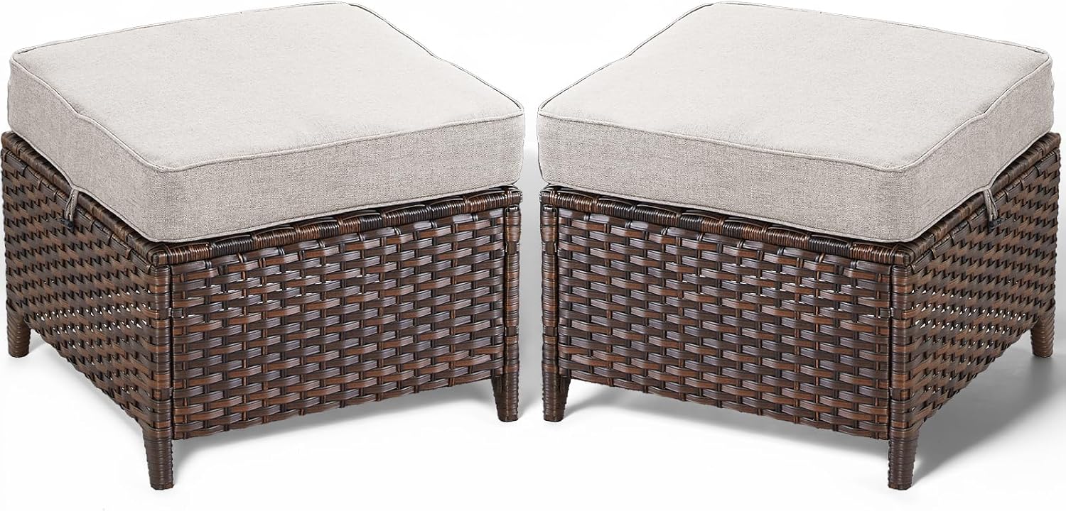 Patio Ottoman Outdoor Wicker Side Table - 2PCS Multipurpose Heavy Duty All-Weather Brown Rattan Extra Seating Bench Footrest Footstool for Garden Back Porch Poolside Apartment - Beige