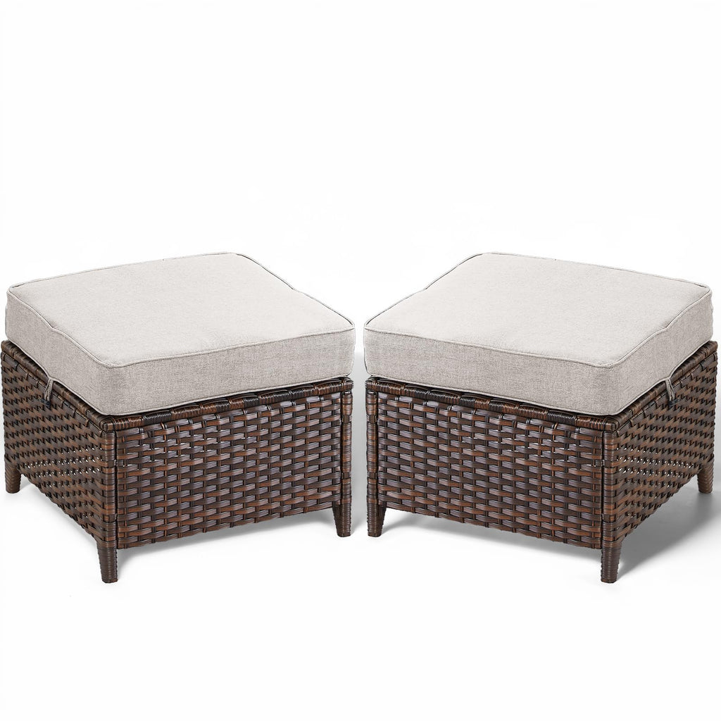 Patio Ottoman Outdoor Wicker Side Table - 2PCS Multipurpose Heavy Duty All-Weather Brown Rattan Extra Seating Bench Footrest Footstool for Garden Back Porch Poolside Apartment - Beige