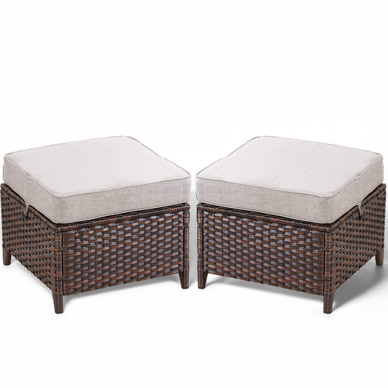 Patio Ottoman Outdoor Wicker Side Table - 2PCS Multipurpose Heavy Duty All-Weather Brown Rattan Extra Seating Bench Footrest Footstool for Garden Back Porch Poolside Apartment - Beige
