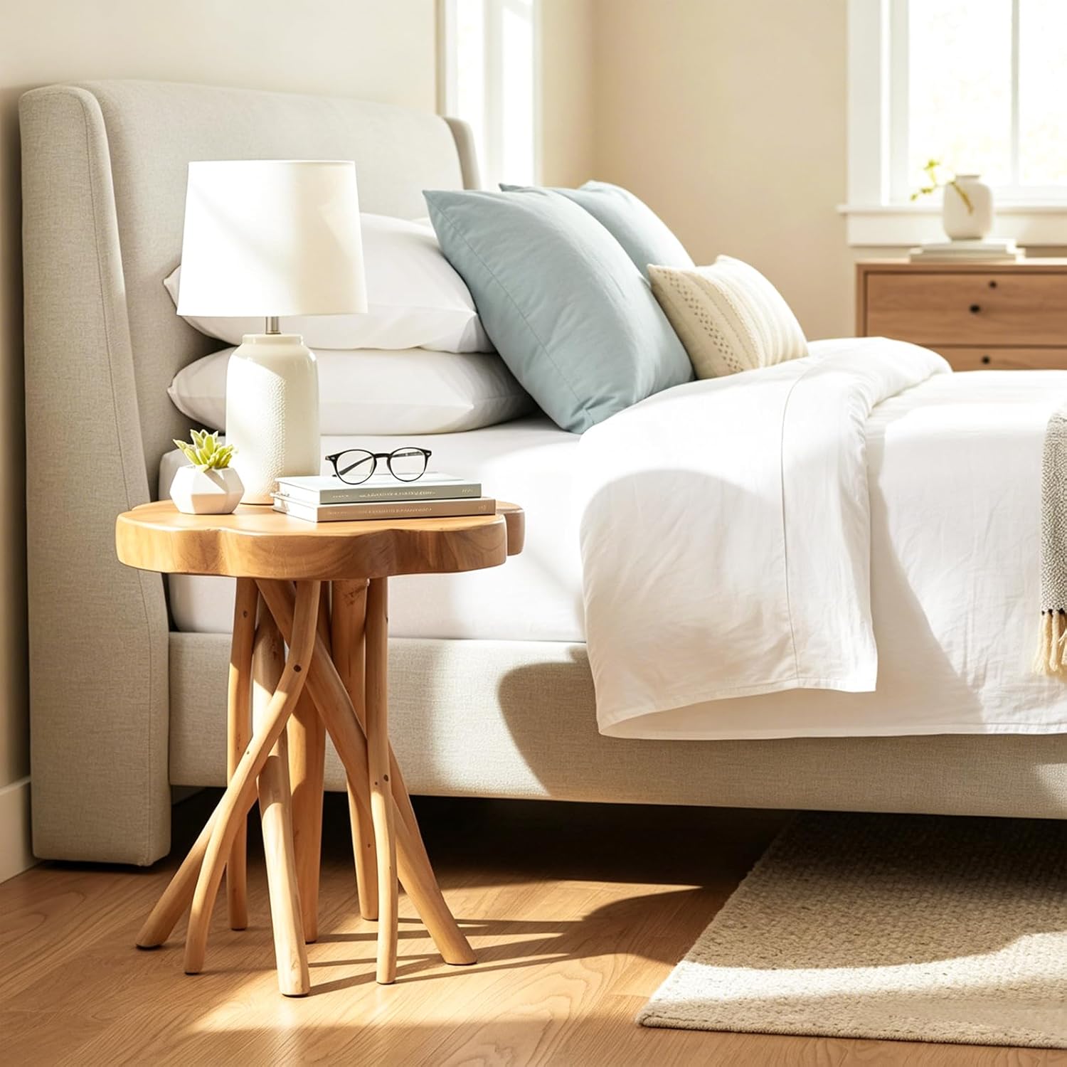 WELLAND Solid Teak Live Edge End Table, 18" L x 18" W x 20" H Unique Side Table, Small Accent Table, Plant Stand for Living Room, Bedroom, Home Office