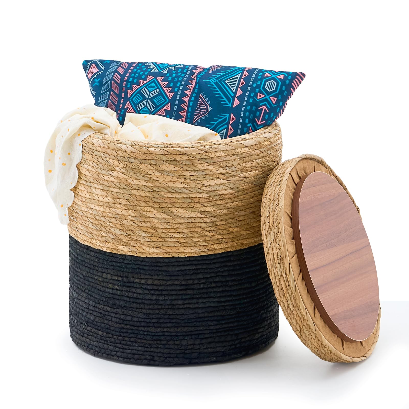 Wimarsbon Natural Seagrass Foot Stool, Hand Weaving Round Ottoman, for Living Room, Outdoor Seat (Natural & Blue)