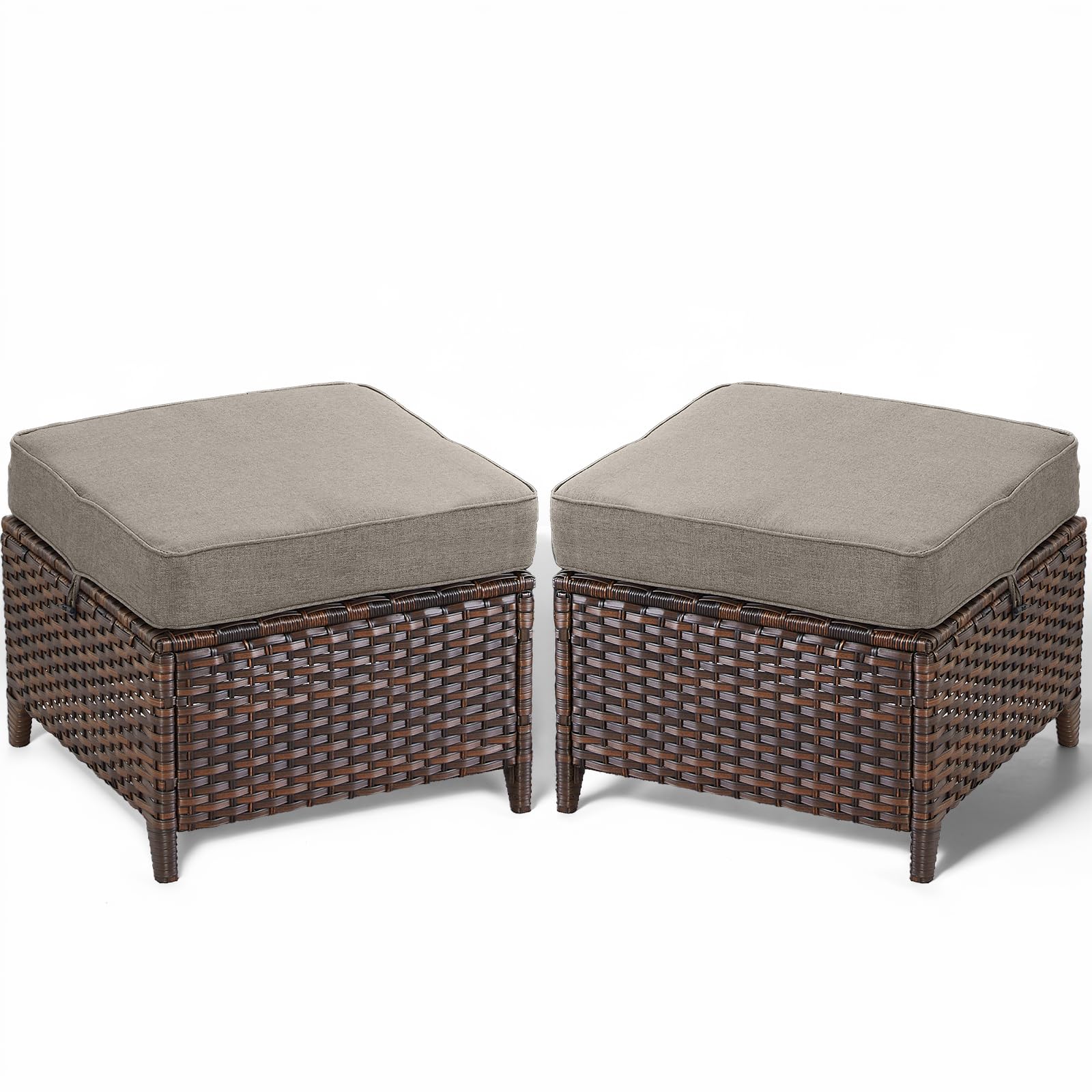 Patio Ottoman Outdoor Wicker Side Table - 2PCS Multipurpose Heavy Duty All-Weather Brown Rattan Extra Seating Bench Footrest Footstool for Garden Back Porch Poolside Apartment - Beige