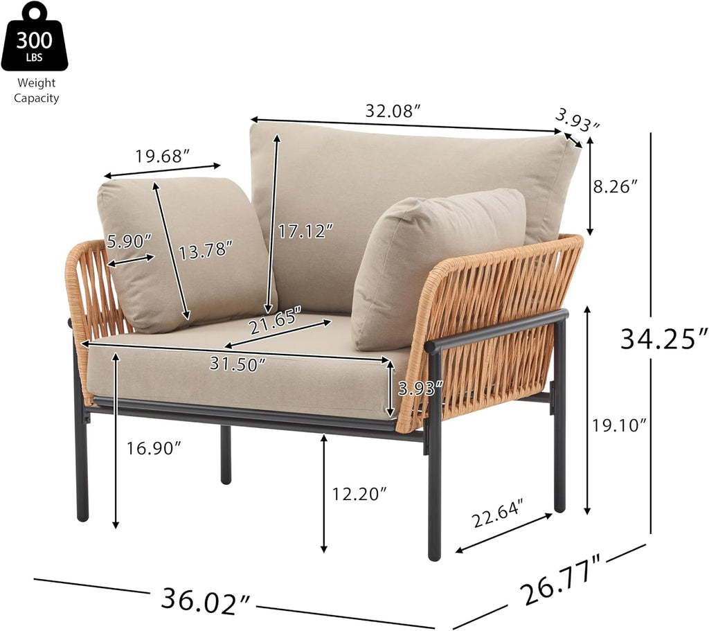 Plush Cushioned Refined Elegance Single Sofa, Comfort Single Sofa Chair with Iron Frame, Refined Upholstered Couch Chair for Indoor Outdoor Relaxation, Beige+Natural