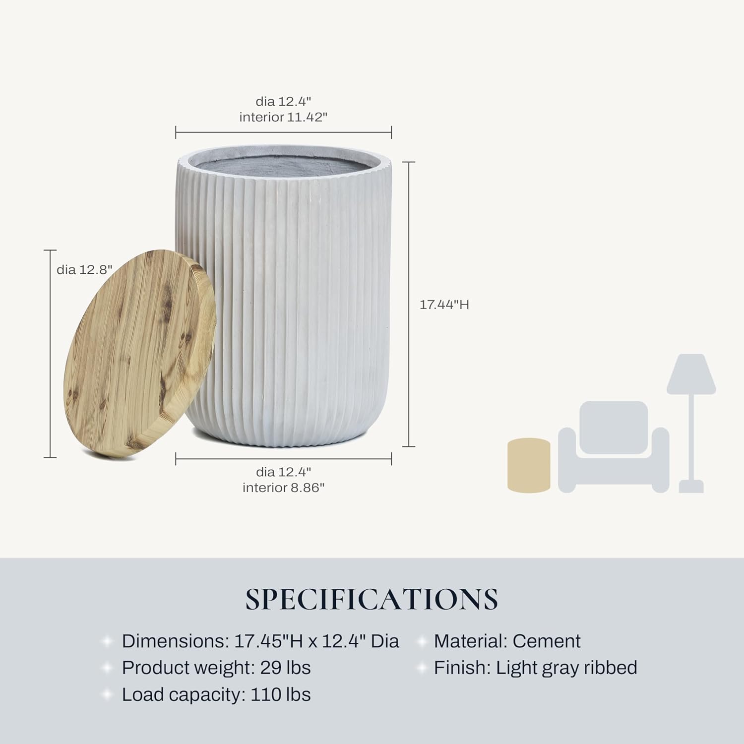 LuxenHome 18" Outdoor Side Table with Storage, Cement Patio End Table with Wood Finish Lid, Accent Table for Patio, Porch, Poolside, Backyard, Outside, Indoor, Garden Stool, Drum, Plant Stand