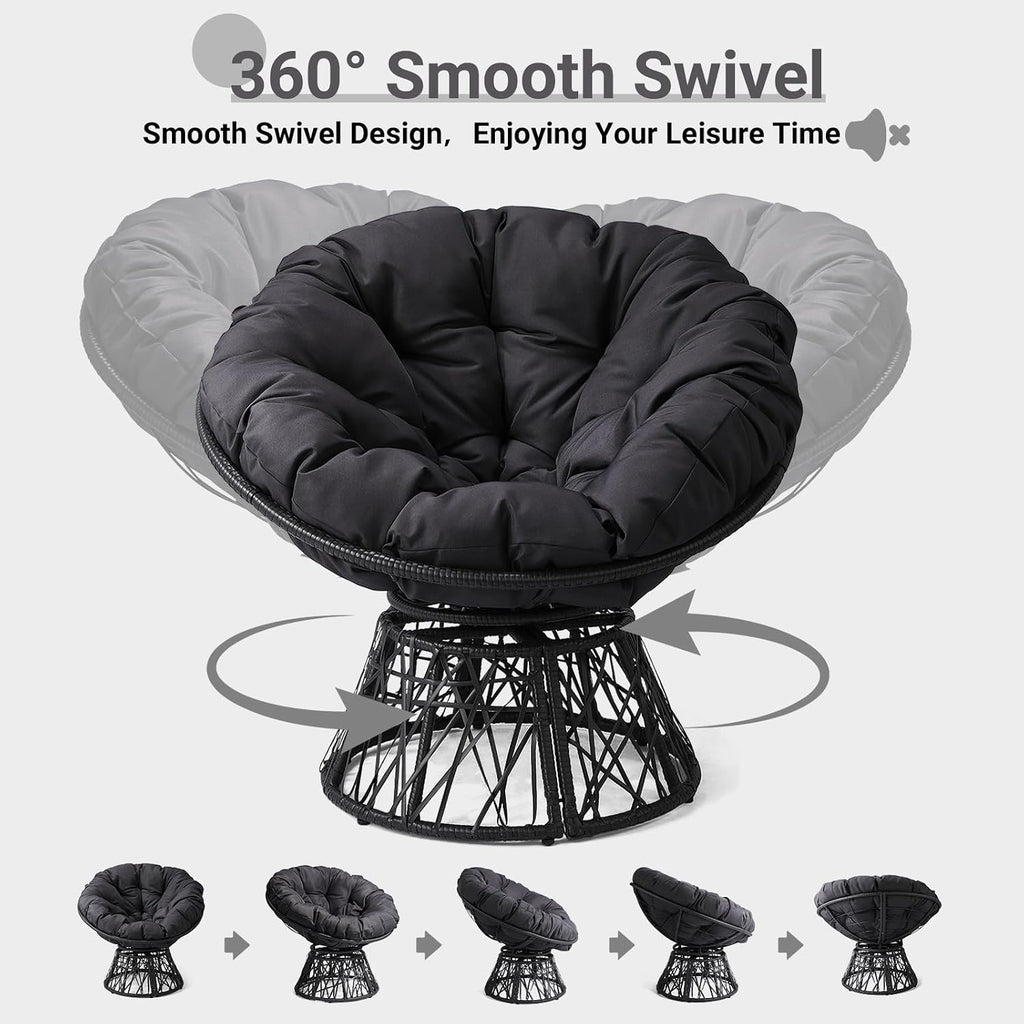 VINGLI Outdoor Papasan Chairs with Thick Cushions 360 Degree Swivel Chair, Patio Chairs Lounge Chair Rading Chair for Balcony, Yard, Porch (Black)