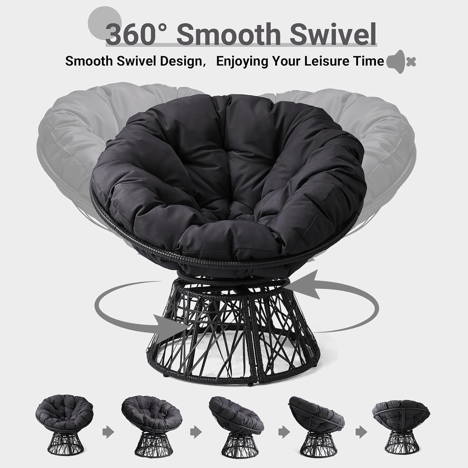 VINGLI Outdoor Papasan Chairs with Thick Cushions 360 Degree Swivel Chair, Patio Chairs Lounge Chair Rading Chair for Balcony, Yard, Porch (Black)