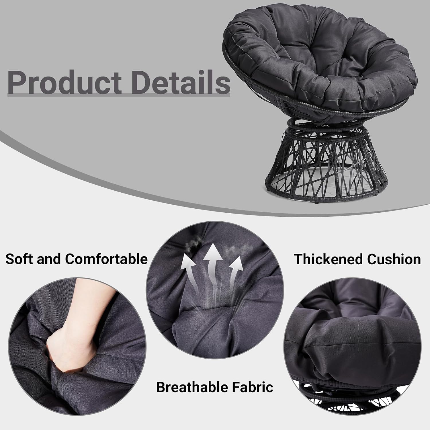 VINGLI Outdoor Papasan Chairs with Thick Cushions 360 Degree Swivel Chair, Patio Chairs Lounge Chair Rading Chair for Balcony, Yard, Porch (Black)