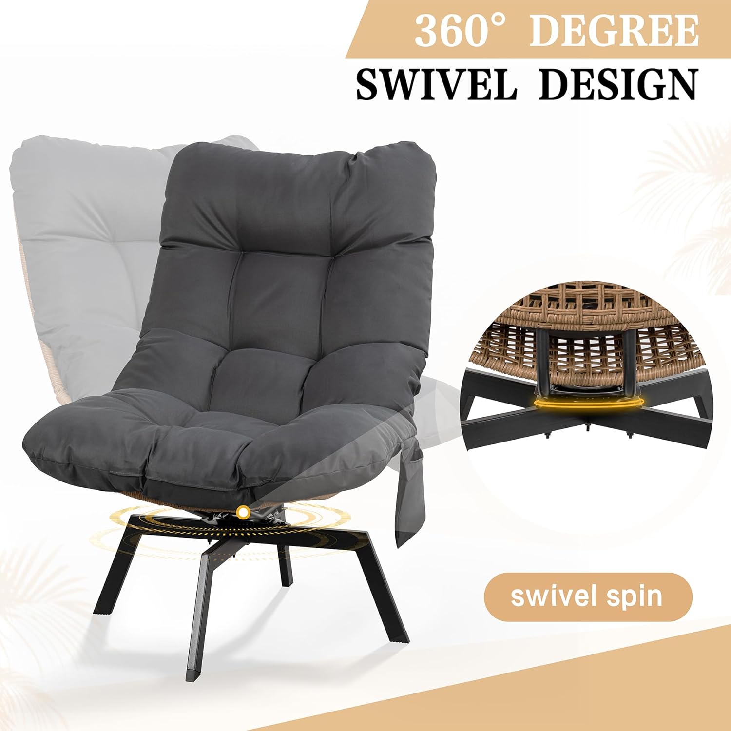 Vongrasig Swivel Wicker Chair PE Rattan Chair with Cushion, Oversized Patio Lounge Chair for Outdoor, Indoor, Balcony, Backyard, Garden, Living Room, Black
