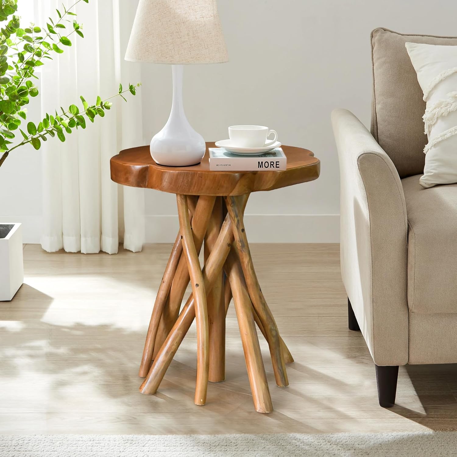 WELLAND Solid Teak Live Edge End Table, 18" L x 18" W x 20" H Unique Side Table, Small Accent Table, Plant Stand for Living Room, Bedroom, Home Office