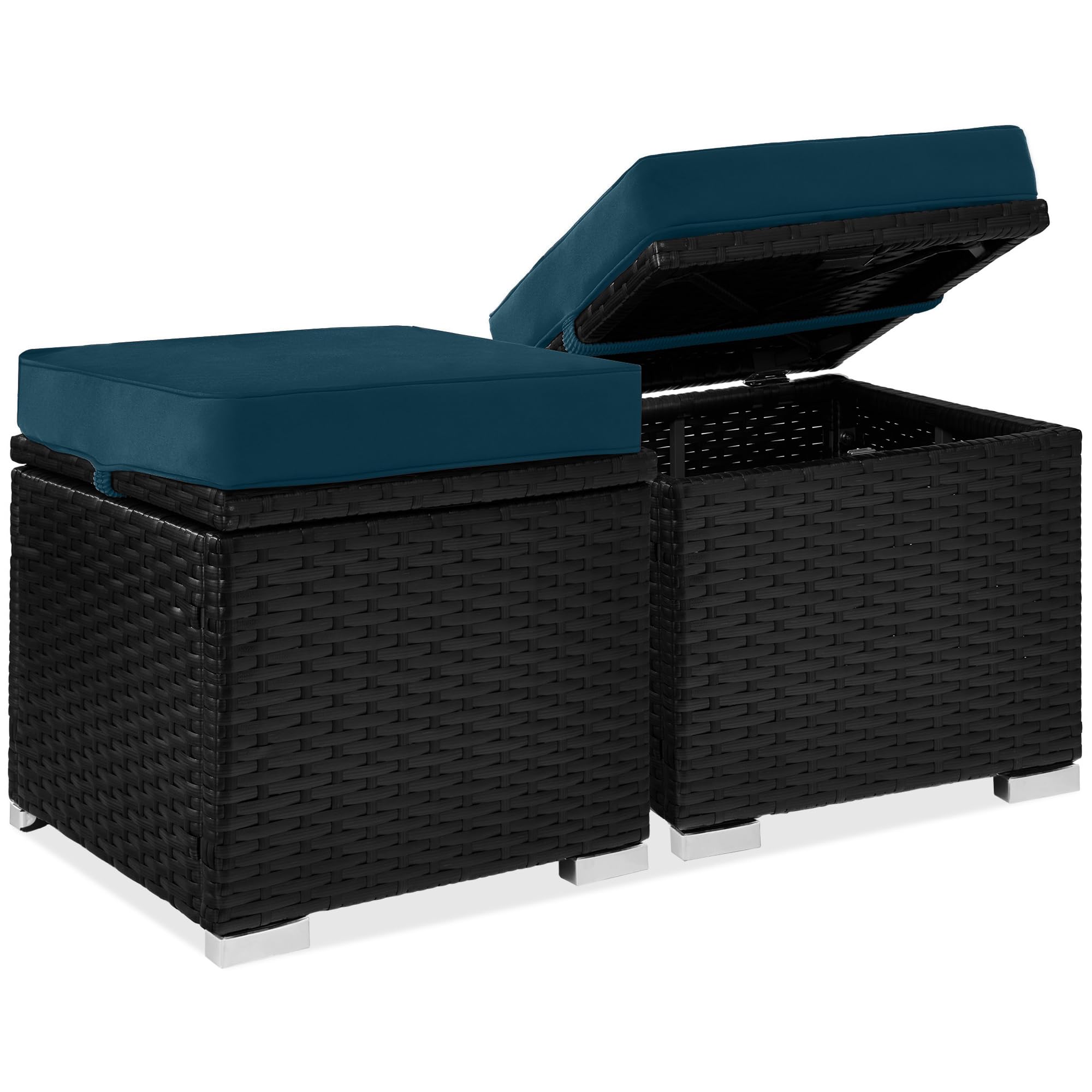 Best Choice Products Set of 2 Wicker Ottomans, Multipurpose Outdoor Furniture for Patio, Backyard, Additional Seating, Footrest, Side Table w/Storage, Removable Cushions - Gray/Black