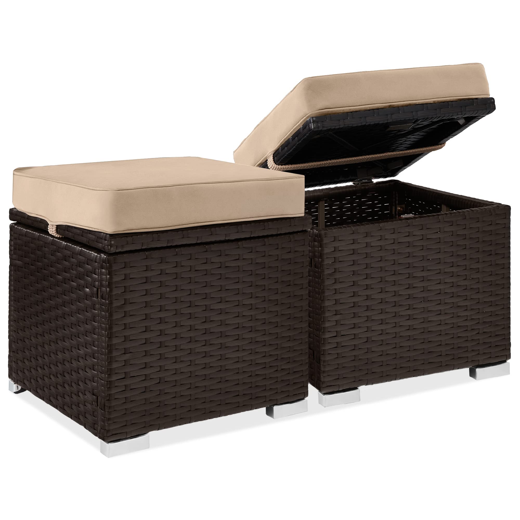 Best Choice Products Set of 2 Wicker Ottomans, Multipurpose Outdoor Furniture for Patio, Backyard, Additional Seating, Footrest, Side Table w/Storage, Removable Cushions - Gray/Black