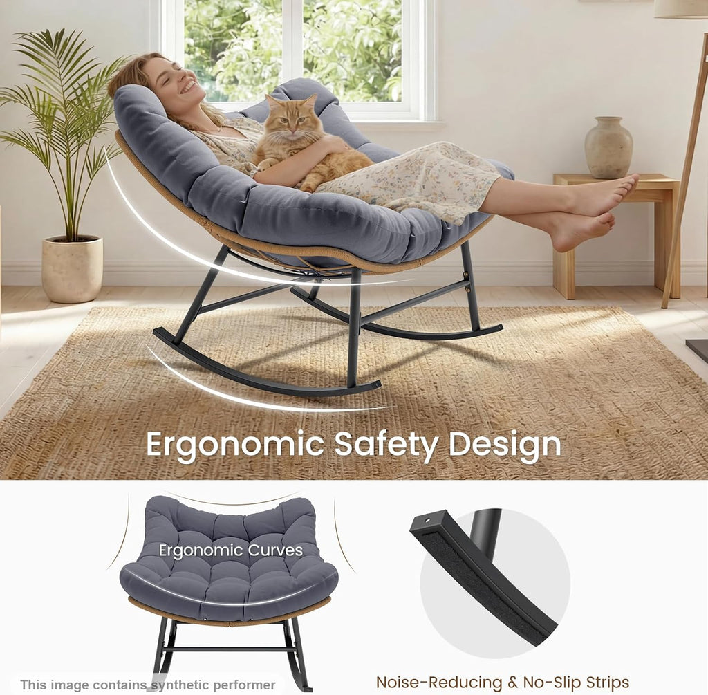Sikaic Outdoor Papasan Rocking Chair, 450LBS Heavy Duty Egg Rocker with High Back Water Resistant Cushion, Rustproof & UV Resistant PE Wicker Patio Chair for Porch, Garden, Living Room, Grey