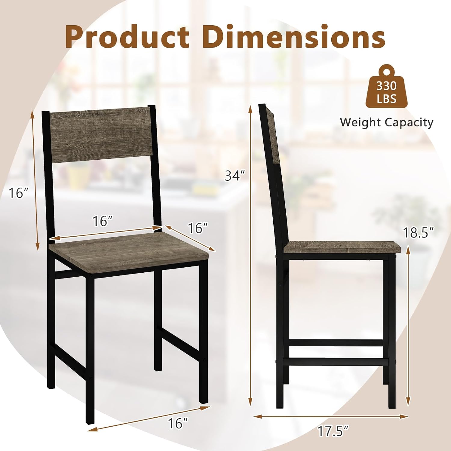 Giantex Metal Dining Chairs Set of 4, Kitchen Chairs with Metal Legs, Slanted Back, Rustic Wood Grain, Armless Dining Room Chairs for Home, Restaurant, Living Room, Oak Grey