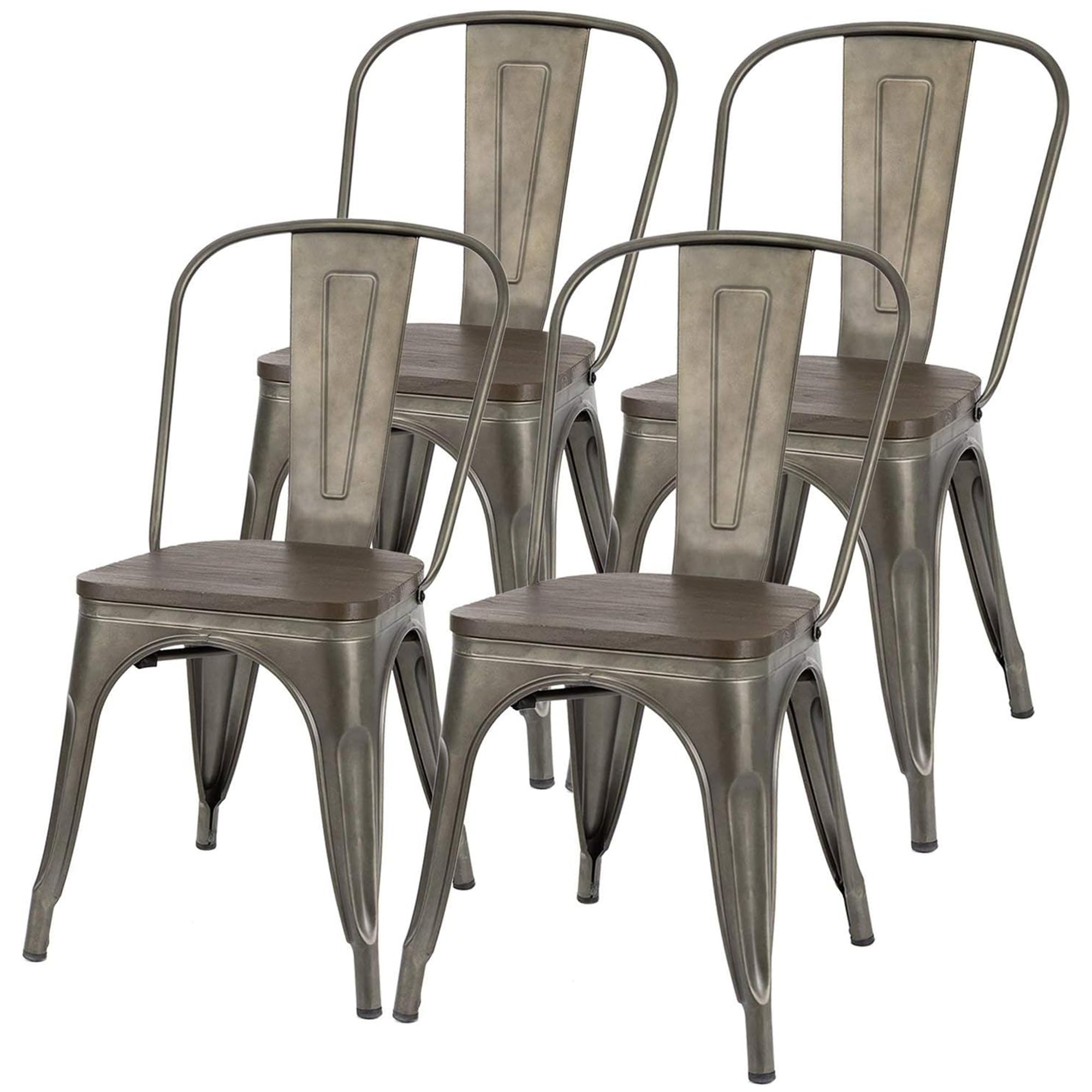 JUMMICO Metal Dining Chair Stackable Industrial Vintage Kitchen Chairs Indoor-Outdoor Bistro Cafe Side Chairs with Back and Wooden Seat Set of 4 (Black)