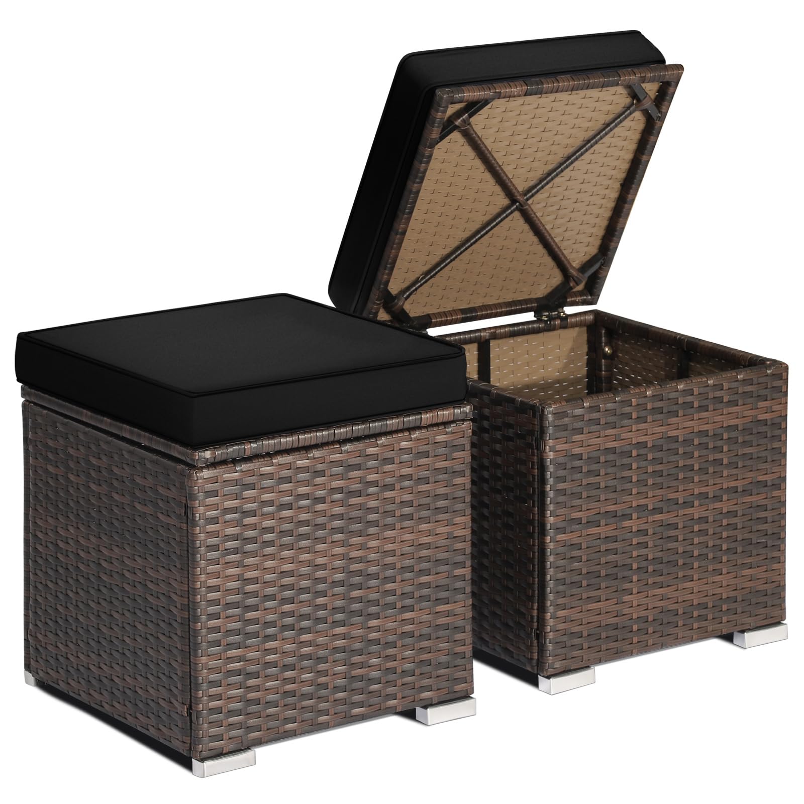 RELAX4LIFE Wicker Outdoor Storage Ottoman, 2-Piece Rattan Footstool w/Removable Cushion, Multipurpose Footrest Stool Side Table Additional Seating, Set of 2 Outdoor Ottomans for Patio Deck (Beige)